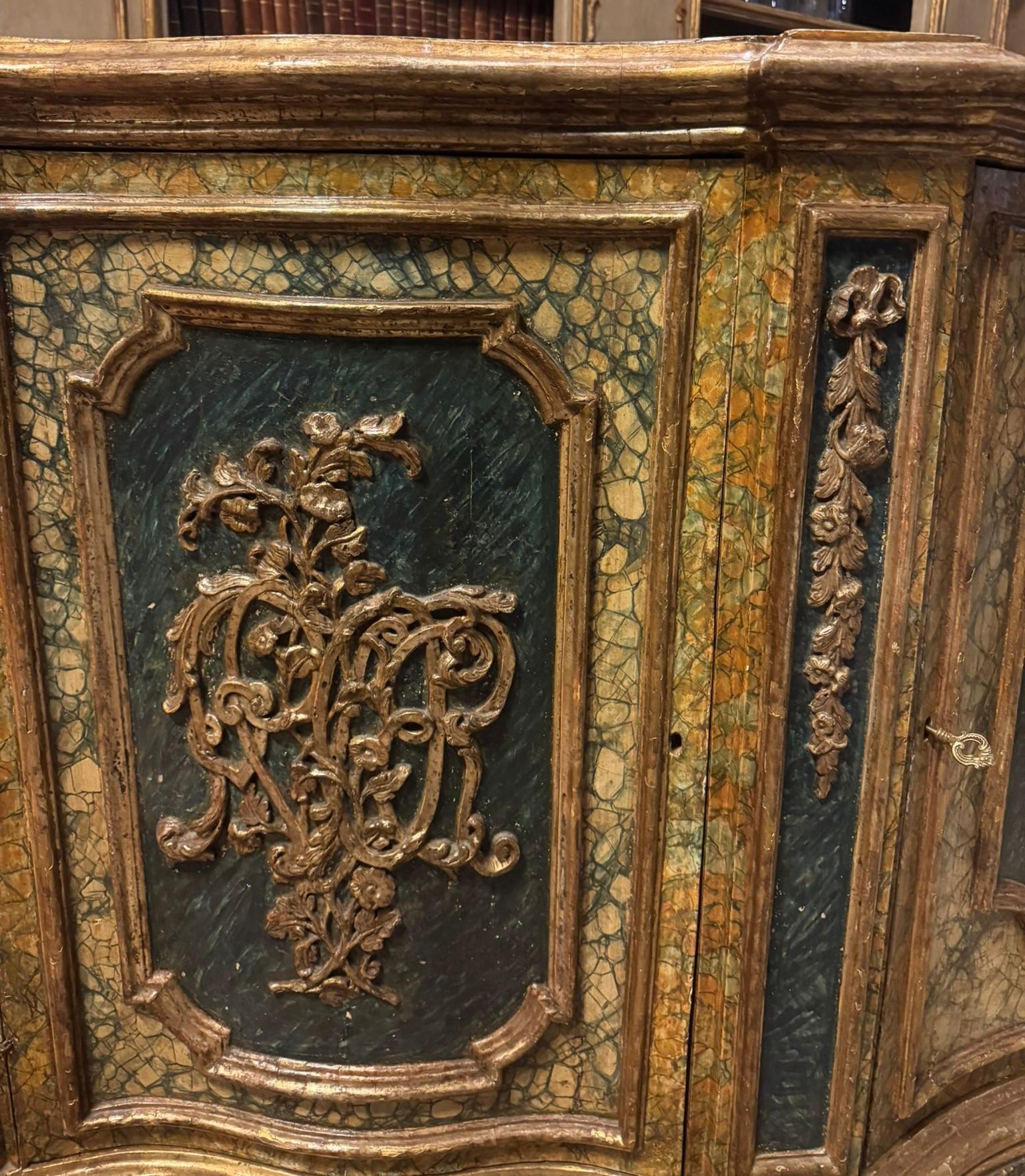 Three-door sideboard, credenzas in lacquered wood faux marble effect, Italy In Good Condition For Sale In Cuneo, Italy (CN)