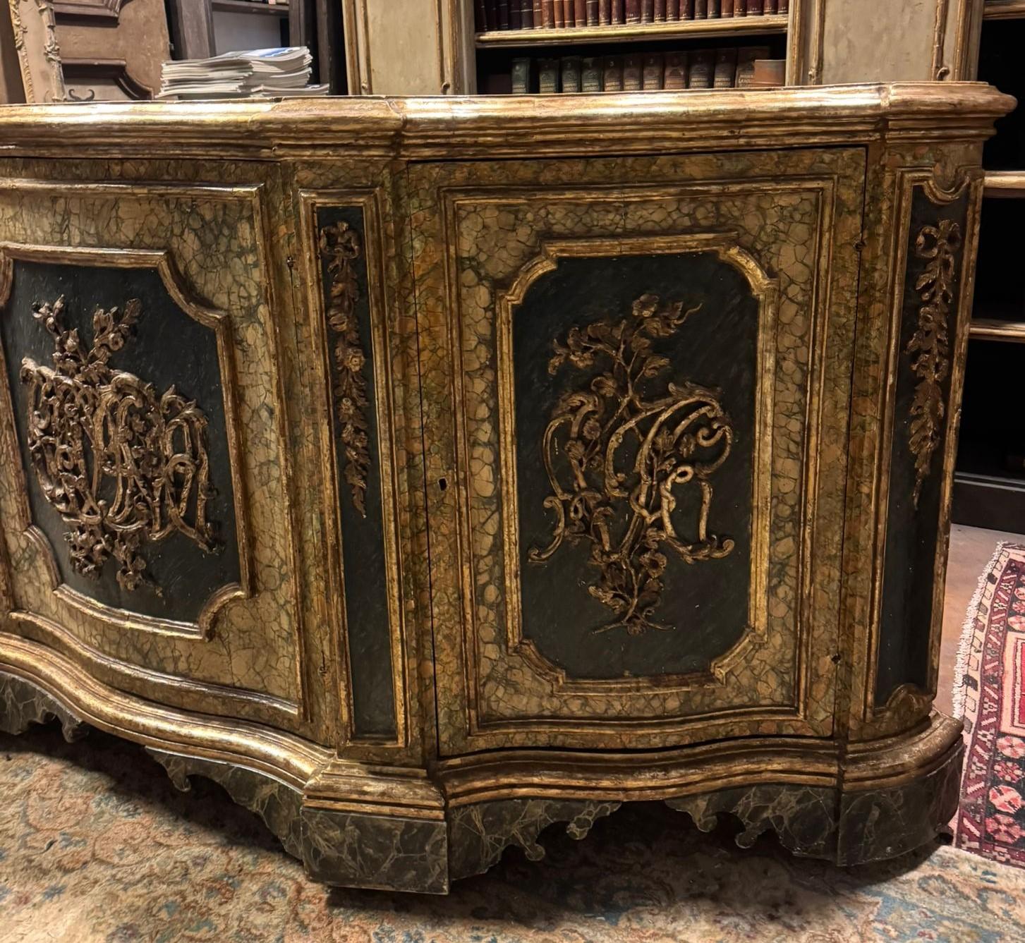 18th Century and Earlier Three-door sideboard, credenzas in lacquered wood faux marble effect, Italy For Sale