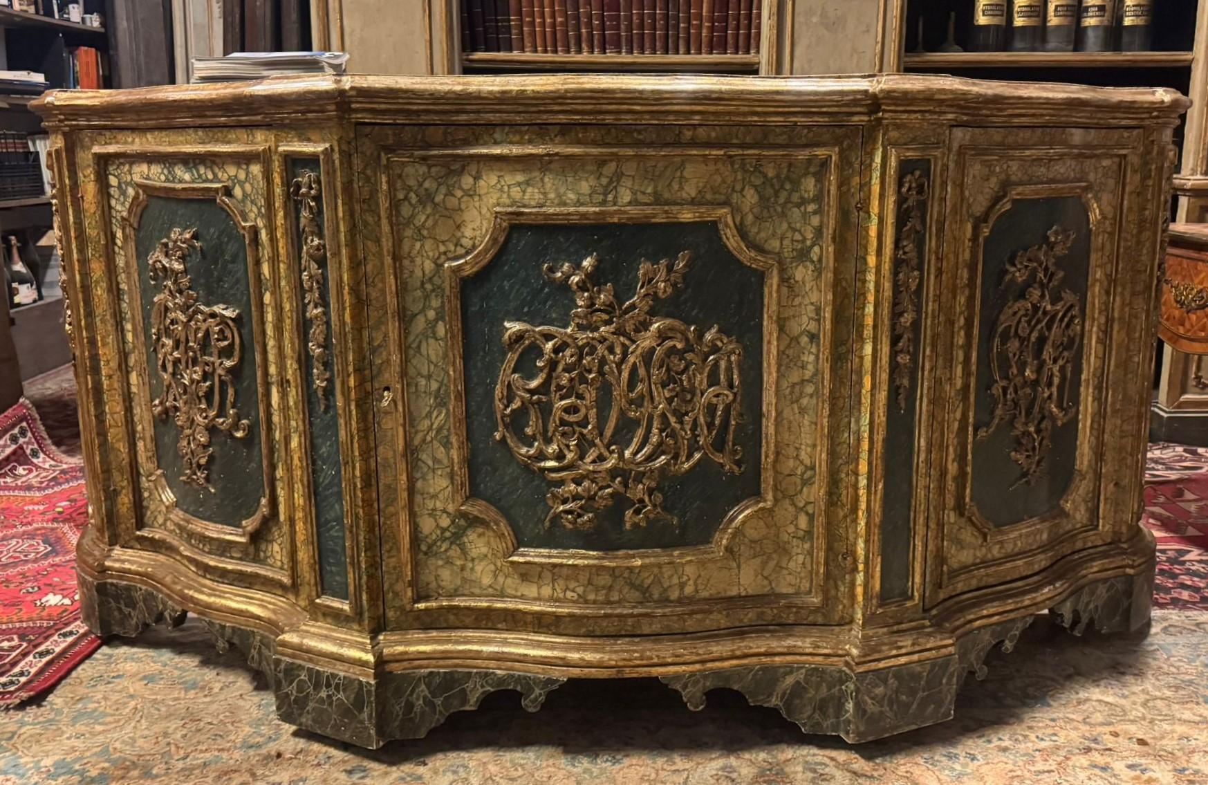 Poplar Three-door sideboard, credenzas in lacquered wood faux marble effect, Italy For Sale