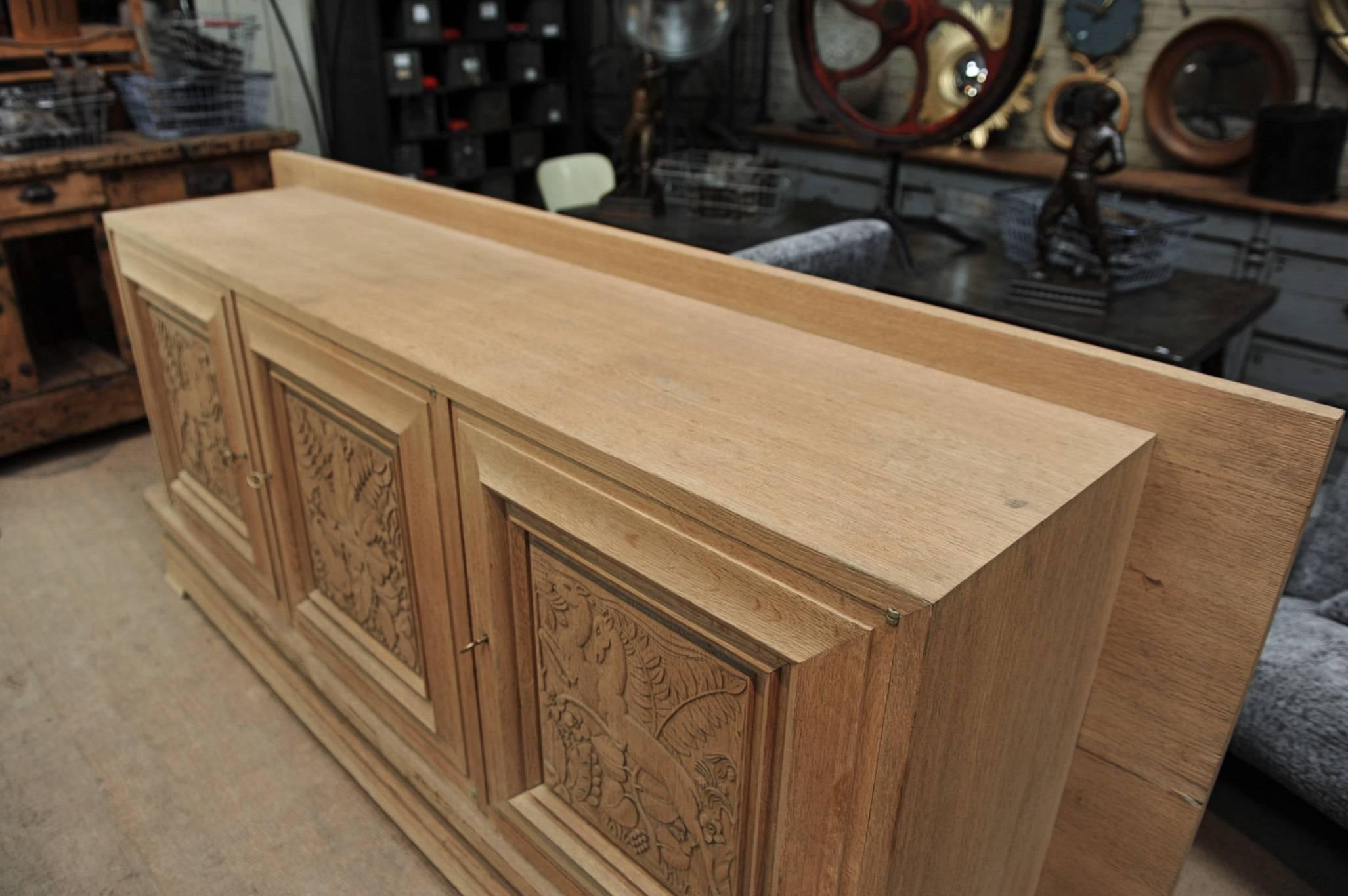 French Three Doors Oak Credenza Cabinet, circa 1940 For Sale