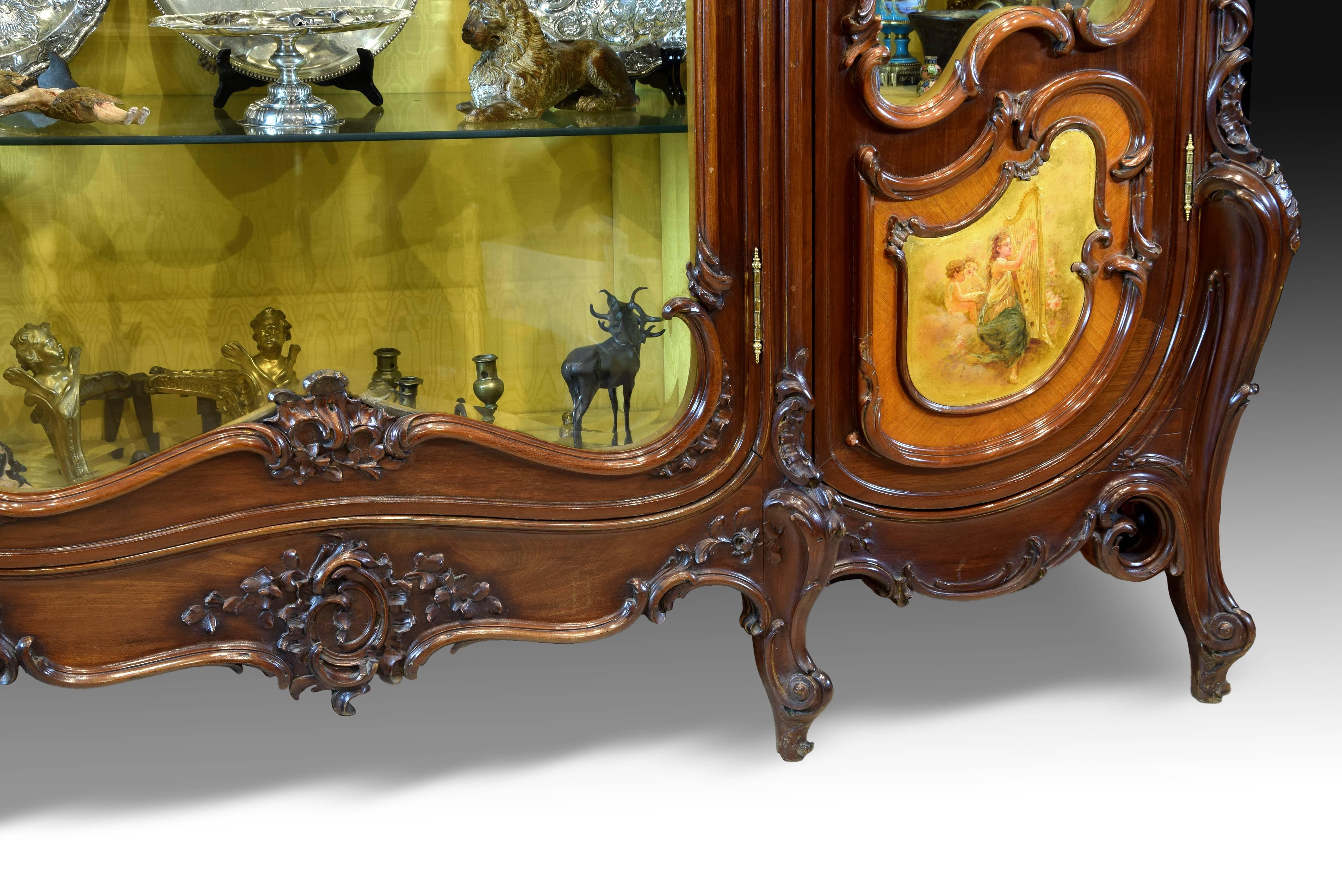 Three Doors Louis XV Style Glass Cabinet, Mahogany, 19th Century For Sale 1