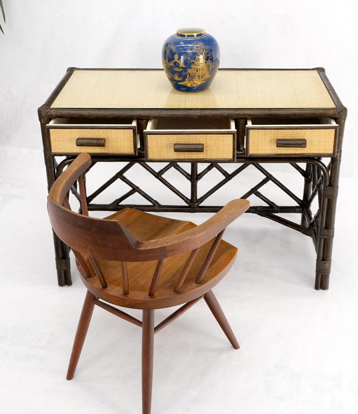 Unknown Three Drawer Cane & Reed Faux Bamboo Compact Desk Writing Table w/ Glass Top For Sale