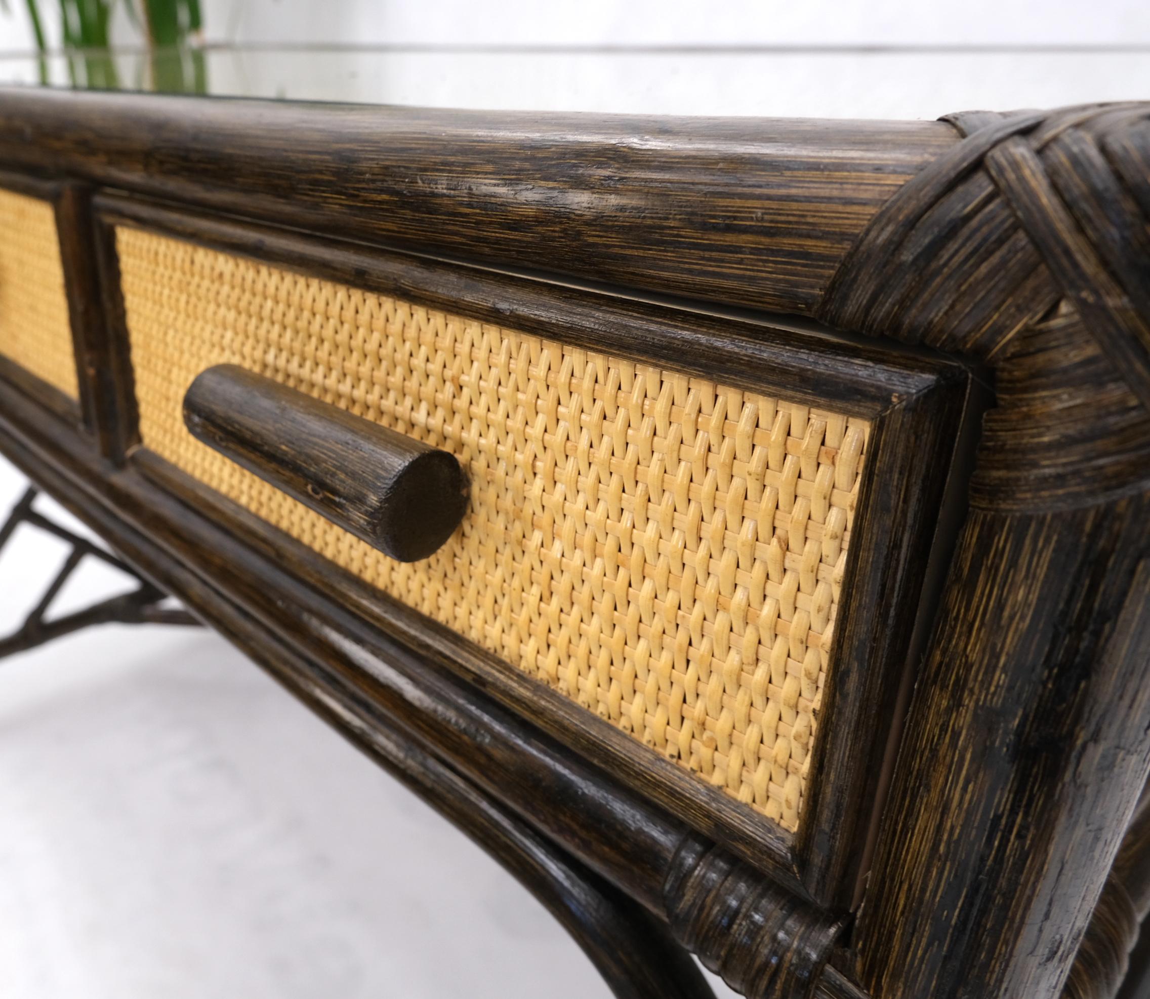 20th Century Three Drawer Cane & Reed Faux Bamboo Compact Desk Writing Table w/ Glass Top For Sale