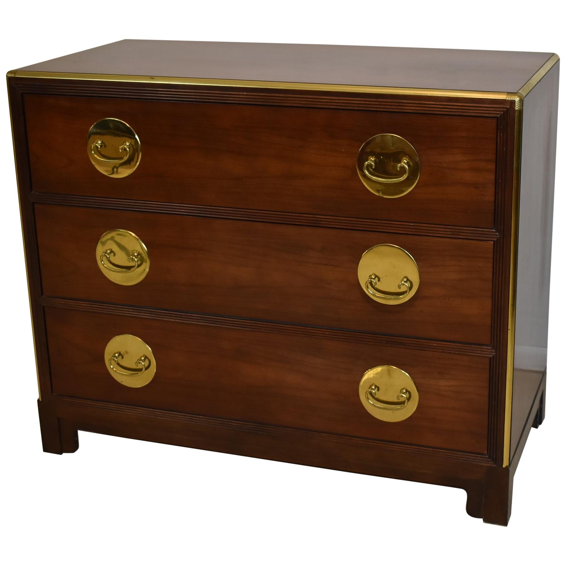 Three-Drawer Cherry and Brass Asian Style Chest by Baker Furniture Company For Sale