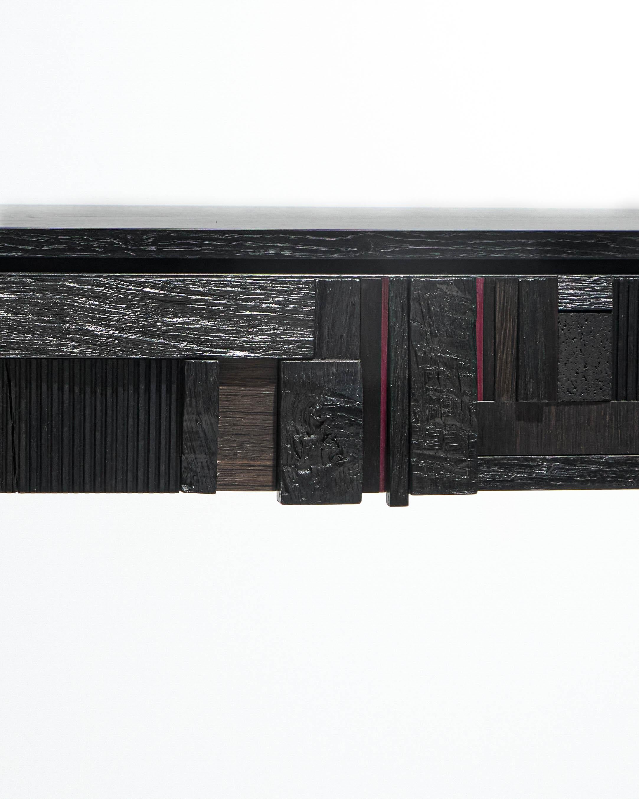 Wood Three-drawer console in black wood For Sale