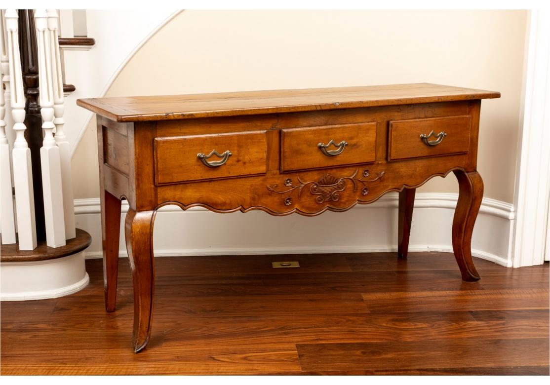Carved Three Drawer Country French Console Table For Sale