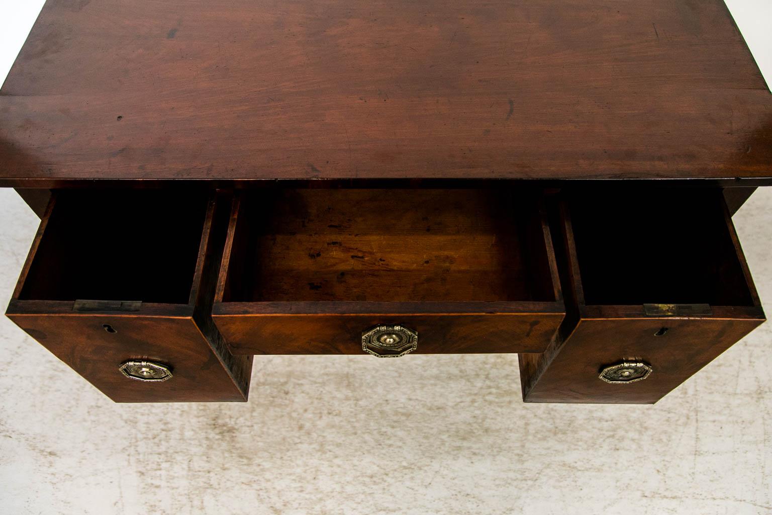 Brass Three Drawer English Mahogany Server/Console Table For Sale