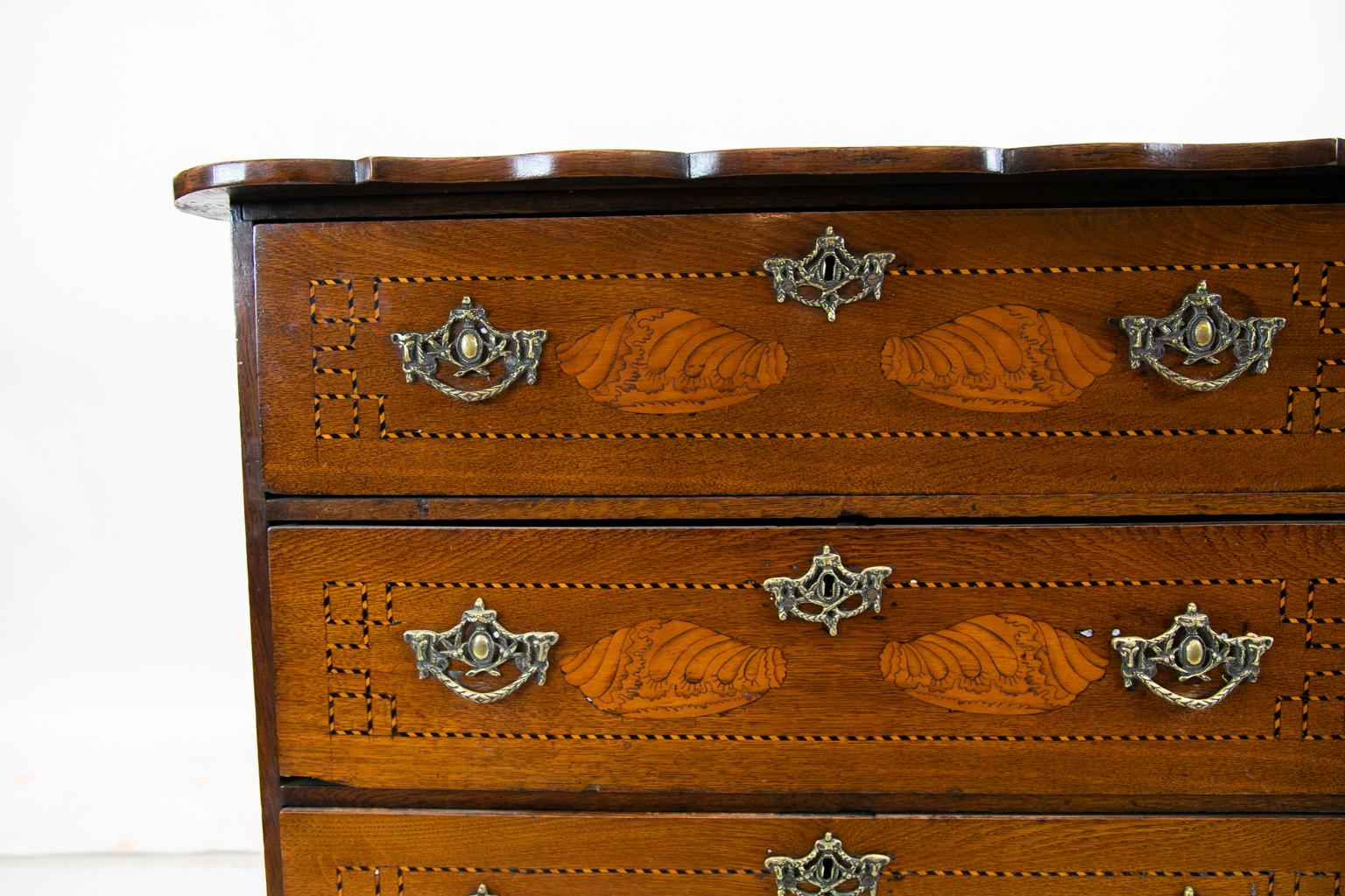 Mid-18th Century Three-Drawer English Oak Inlaid Chest For Sale