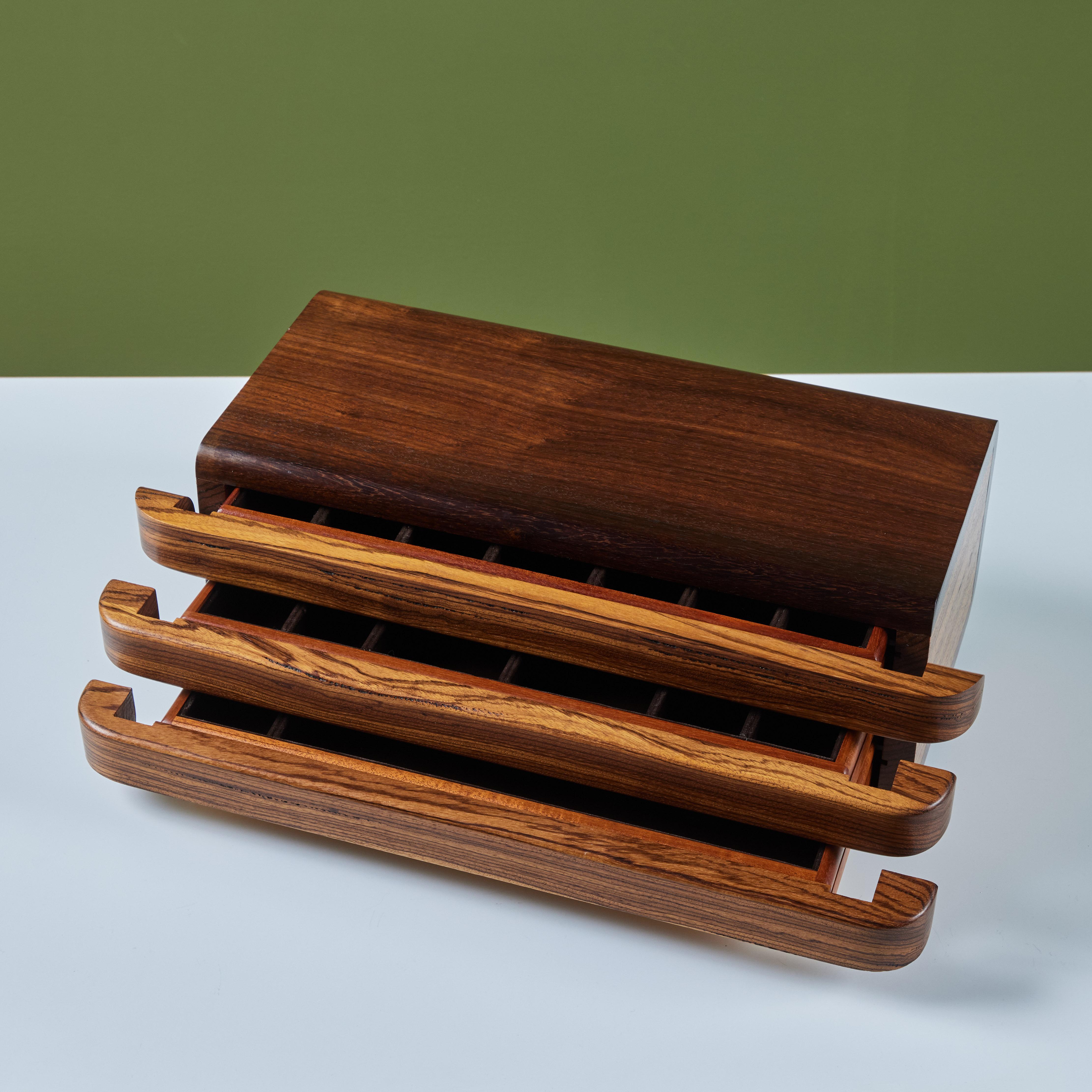 Three Drawer Rosewood and Walnut Jewelry Box For Sale 5