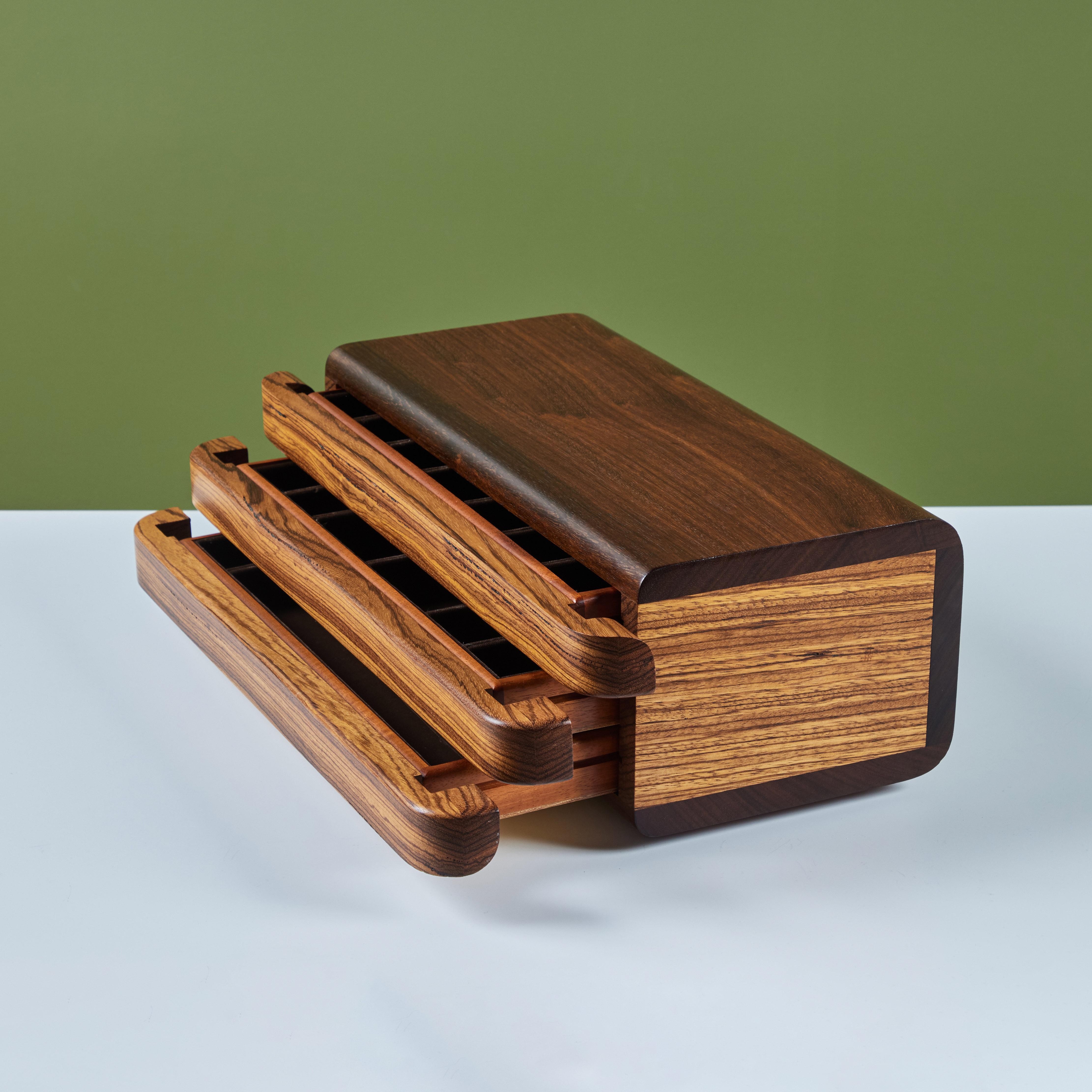 Three Drawer Rosewood and Walnut Jewelry Box In Excellent Condition For Sale In Los Angeles, CA