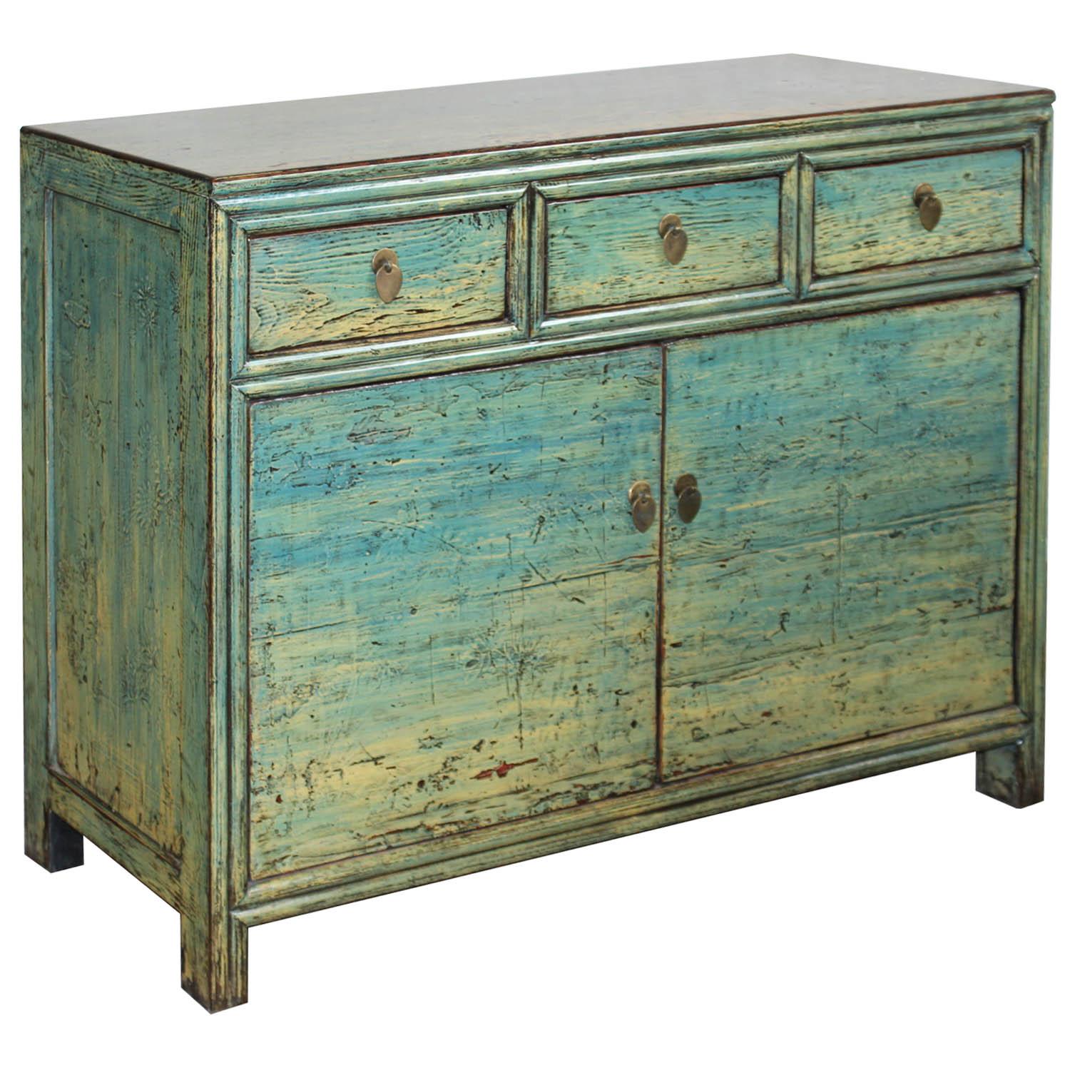 Contemporary hand-painted buffet with blue or green lacquer finish and exposed wood edges. Use in the living, dining room or entry way.