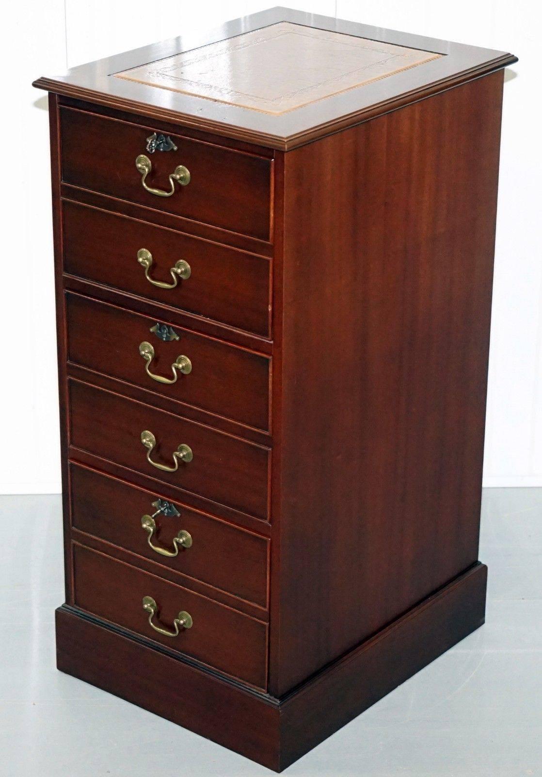 Three-Drawer Tall Mahogany Filing Cabinet Brown Leather Top 2