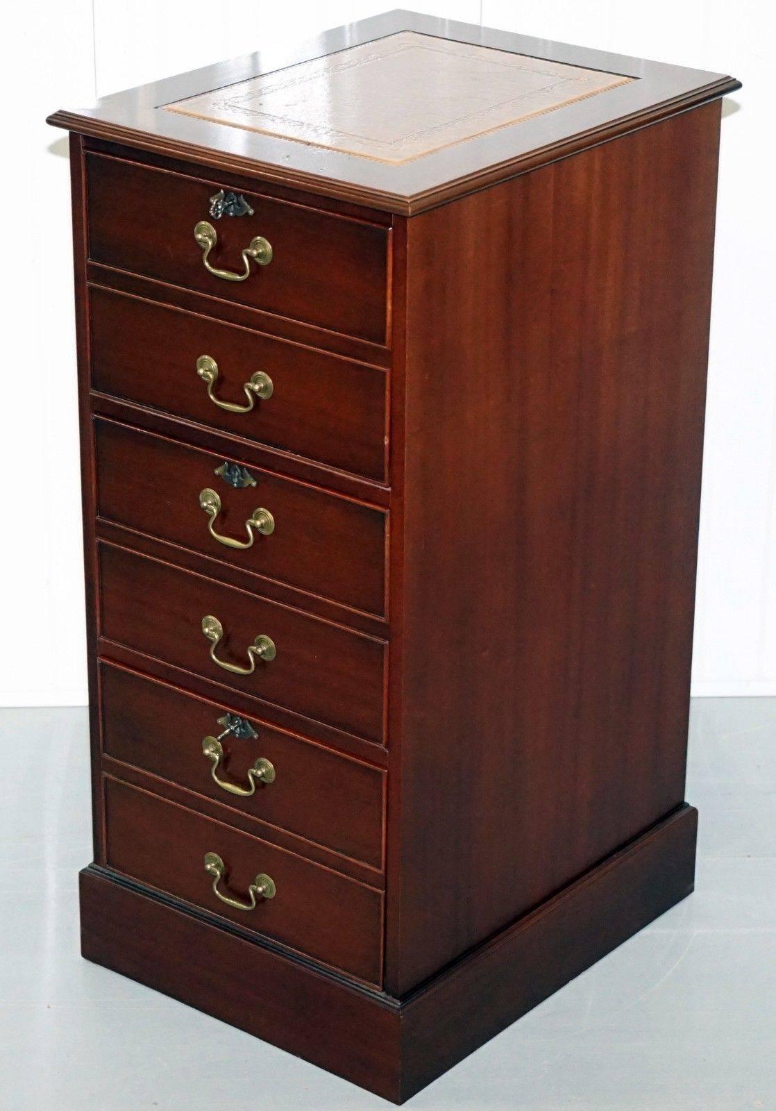 Three-Drawer Tall Mahogany Filing Cabinet Brown Leather Top 1