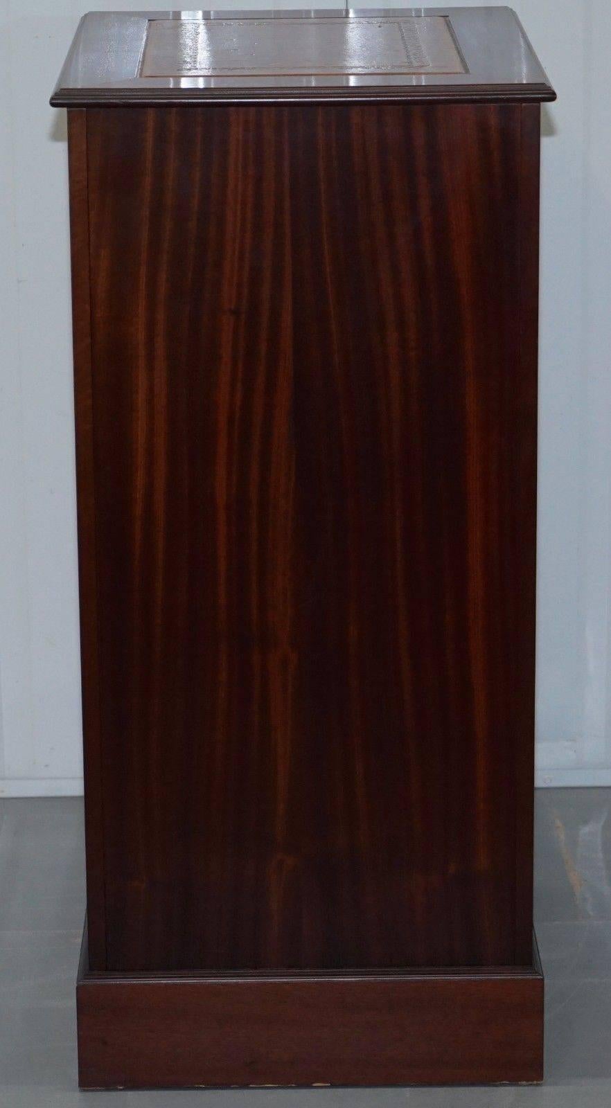 British Three-Drawer Tall Mahogany Filing Cabinet Brown Leather Top