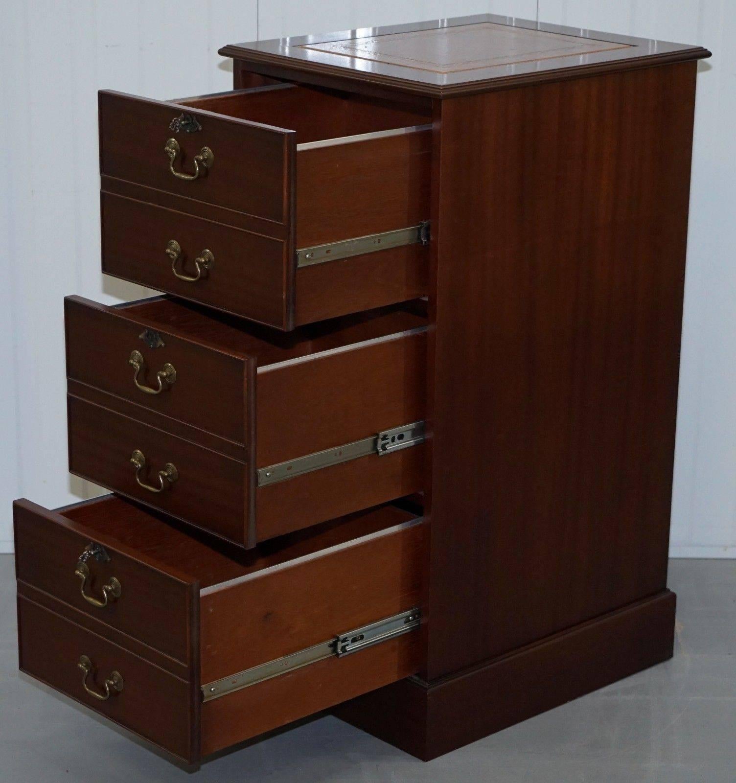 Hand-Crafted Three-Drawer Tall Mahogany Filing Cabinet Brown Leather Top