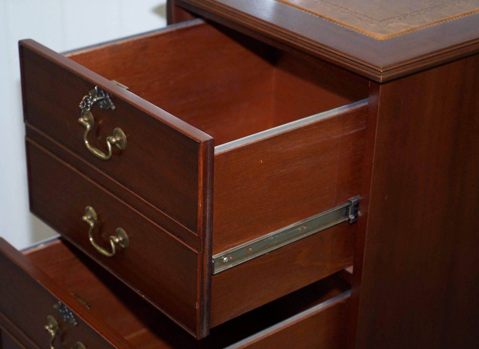 Contemporary Three-Drawer Tall Mahogany Filing Cabinet Brown Leather Top