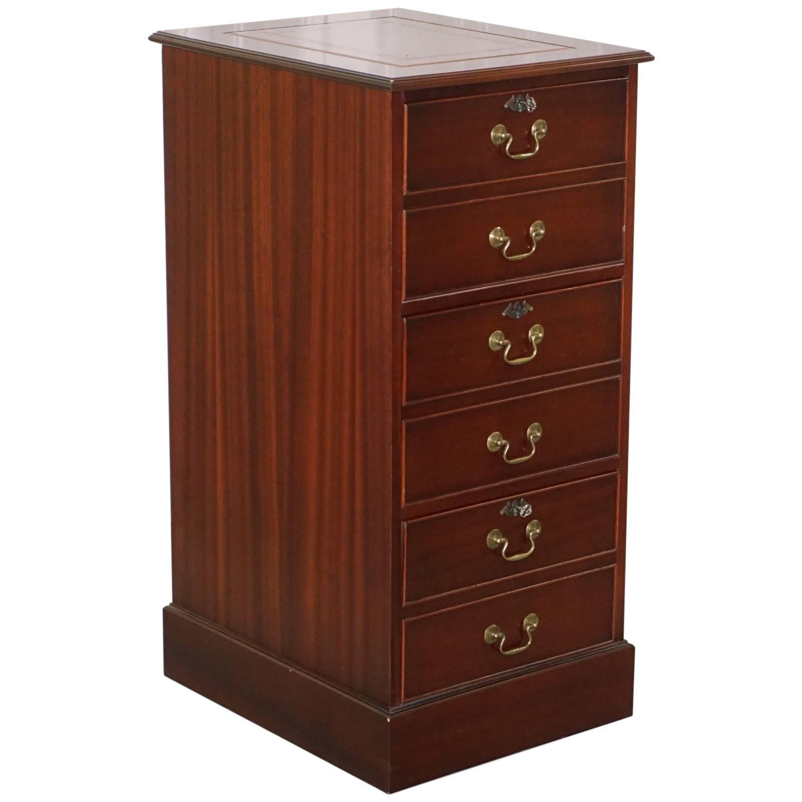 Three-Drawer Tall Mahogany Filing Cabinet Brown Leather Top