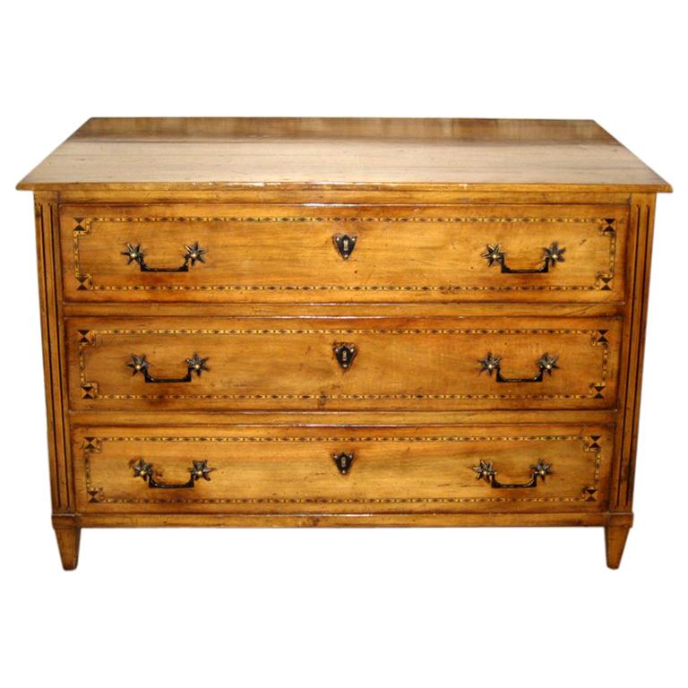 Three-Drawer Walnut Directoire Style Commode, c. 1920s For Sale