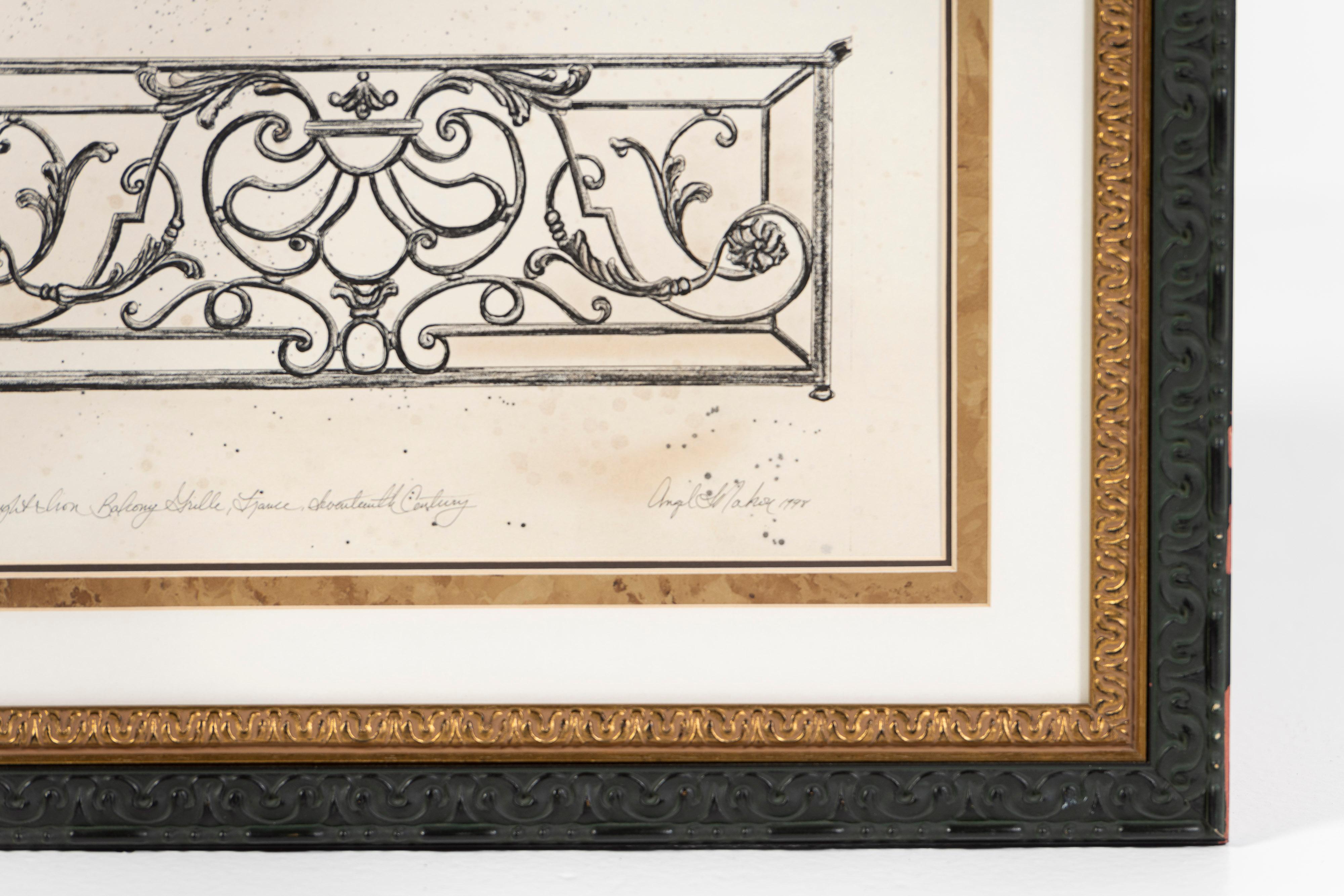 Three Drawings of Antique French Balconies, Framed, Angel L Nahon France, 1998 For Sale 4