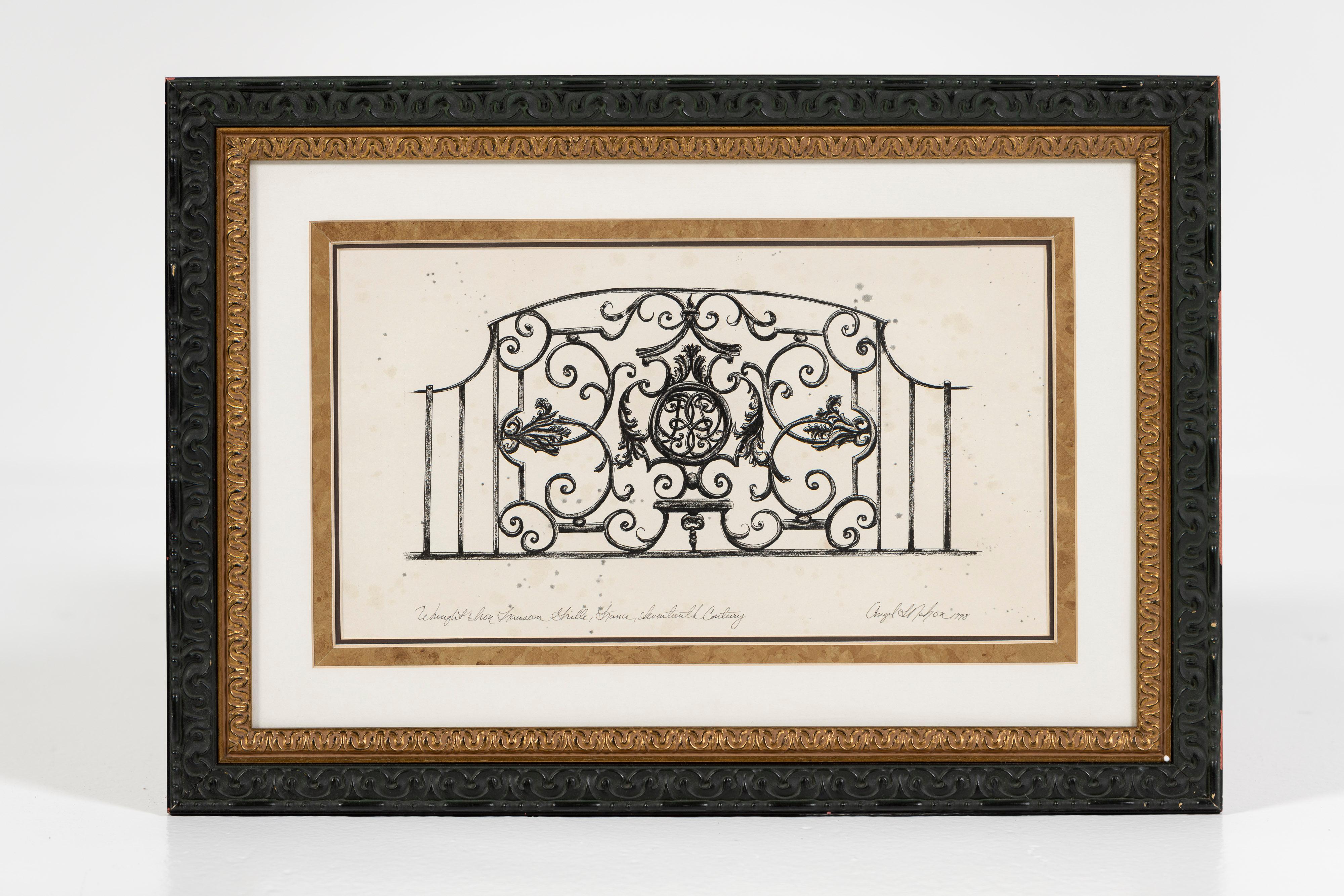 Three Drawings of Antique French Balconies, Framed, Angel L Nahon France, 1998 For Sale 6