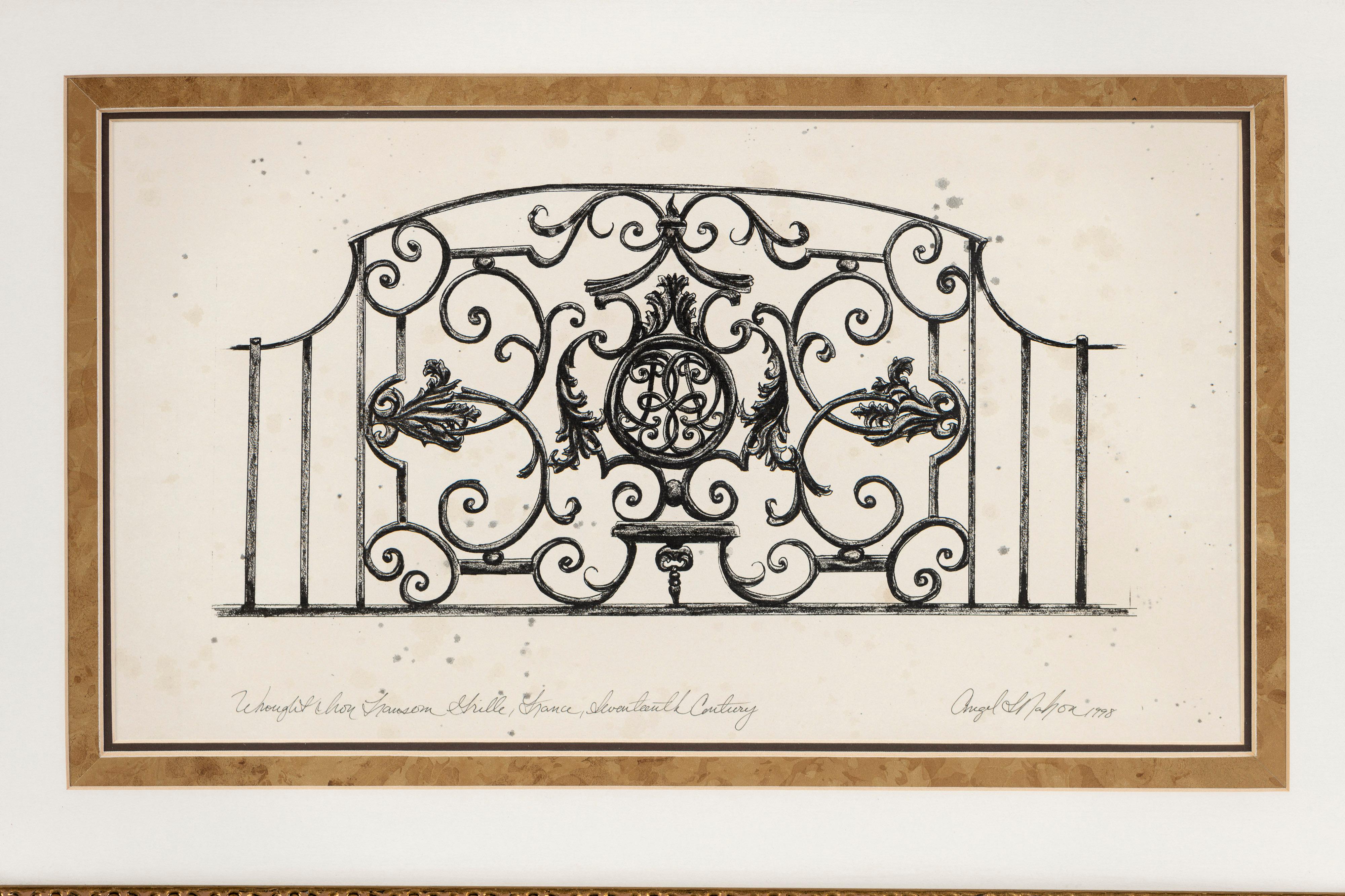 Three Drawings of Antique French Balconies, Framed, Angel L Nahon France, 1998 For Sale 7