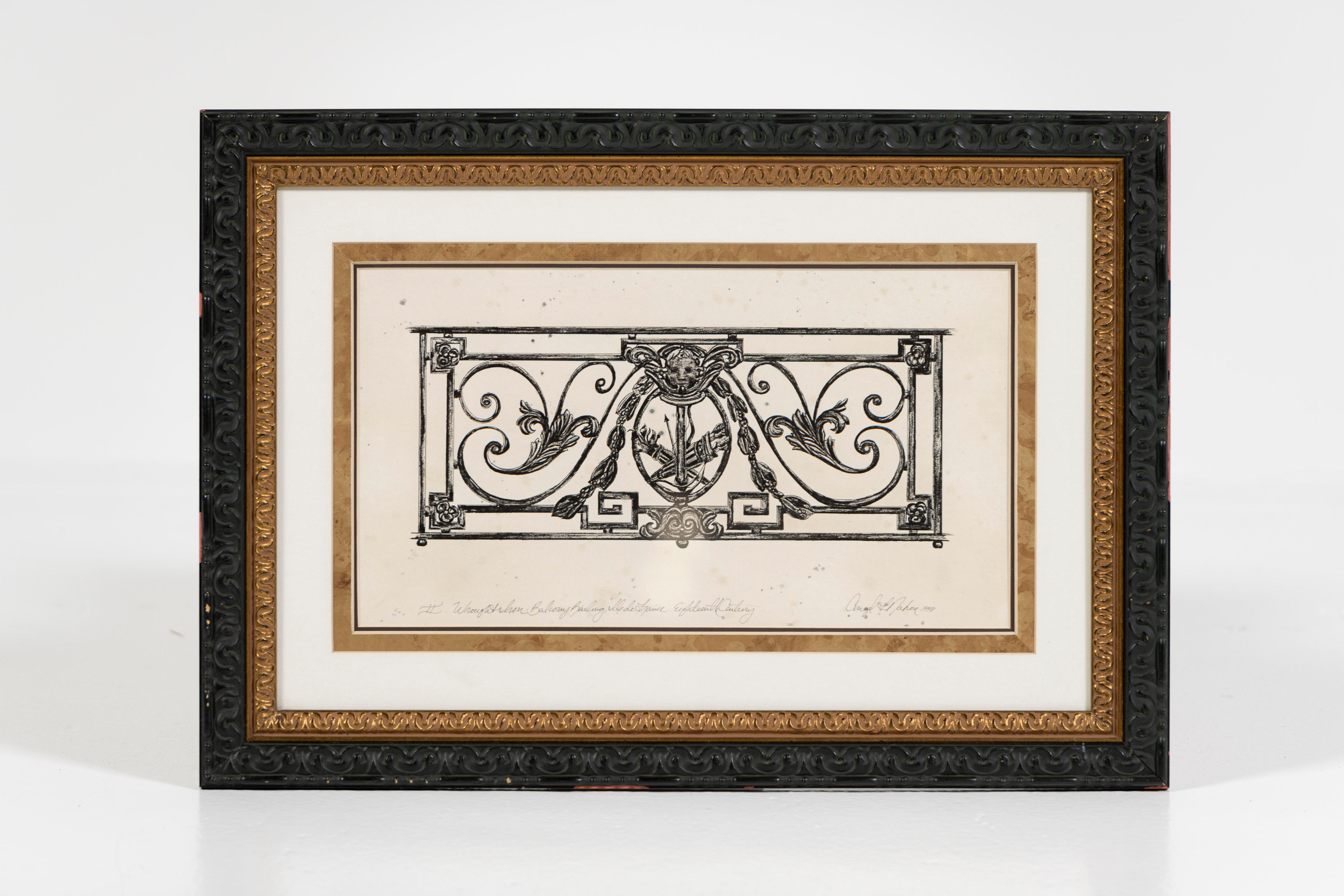 Three unique drawings of French Wrought Iron Balcony Grilles, signed and framed. Available individually or as a group. These intricate drawings display the elaborate patterns, delicate curves, and ornate designs which capture the elegance and