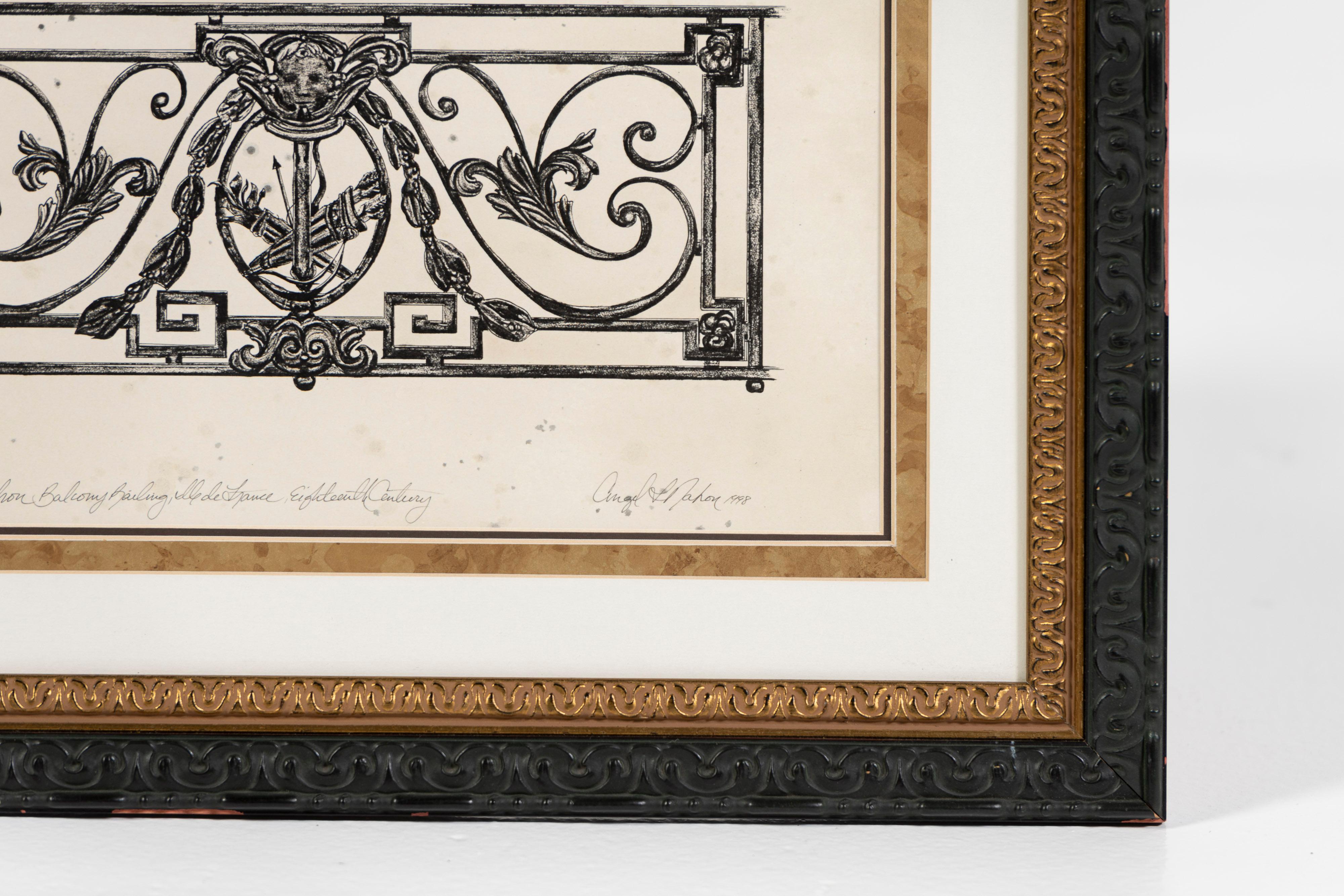 Hand-Crafted Three Drawings of Antique French Balconies, Framed, Angel L Nahon France, 1998 For Sale