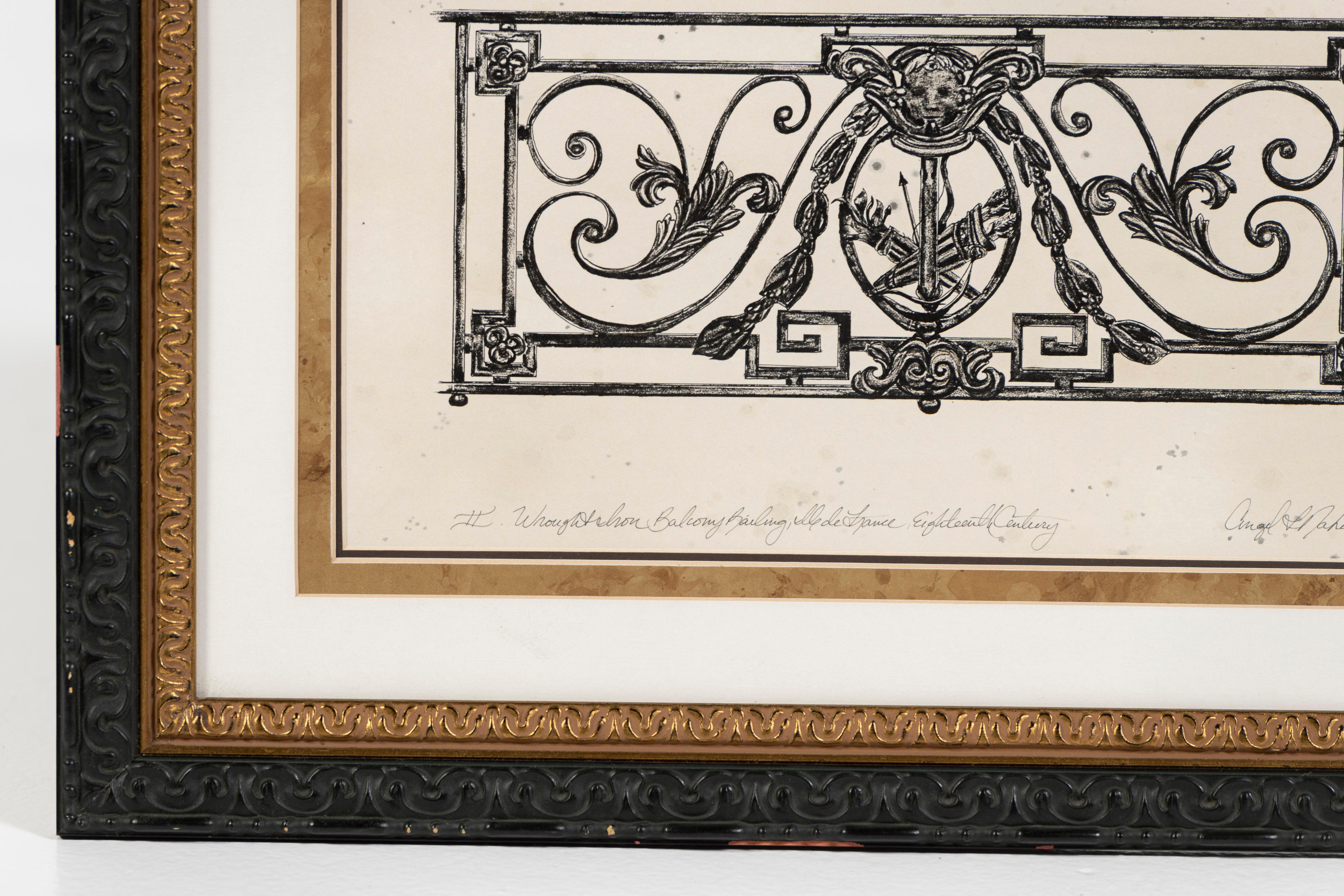 Three Drawings of Antique French Balconies, Framed, Angel L Nahon France, 1998 In Good Condition For Sale In San Francisco, CA