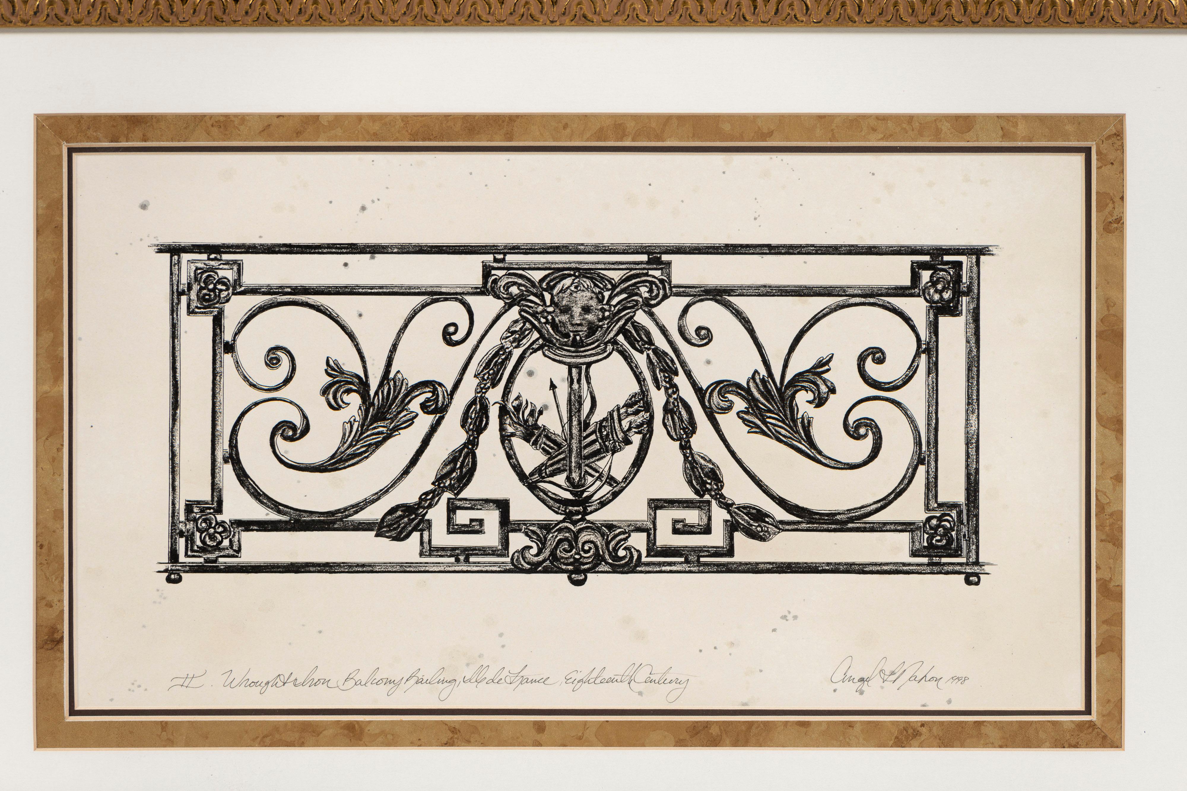 20th Century Three Drawings of Antique French Balconies, Framed, Angel L Nahon France, 1998 For Sale