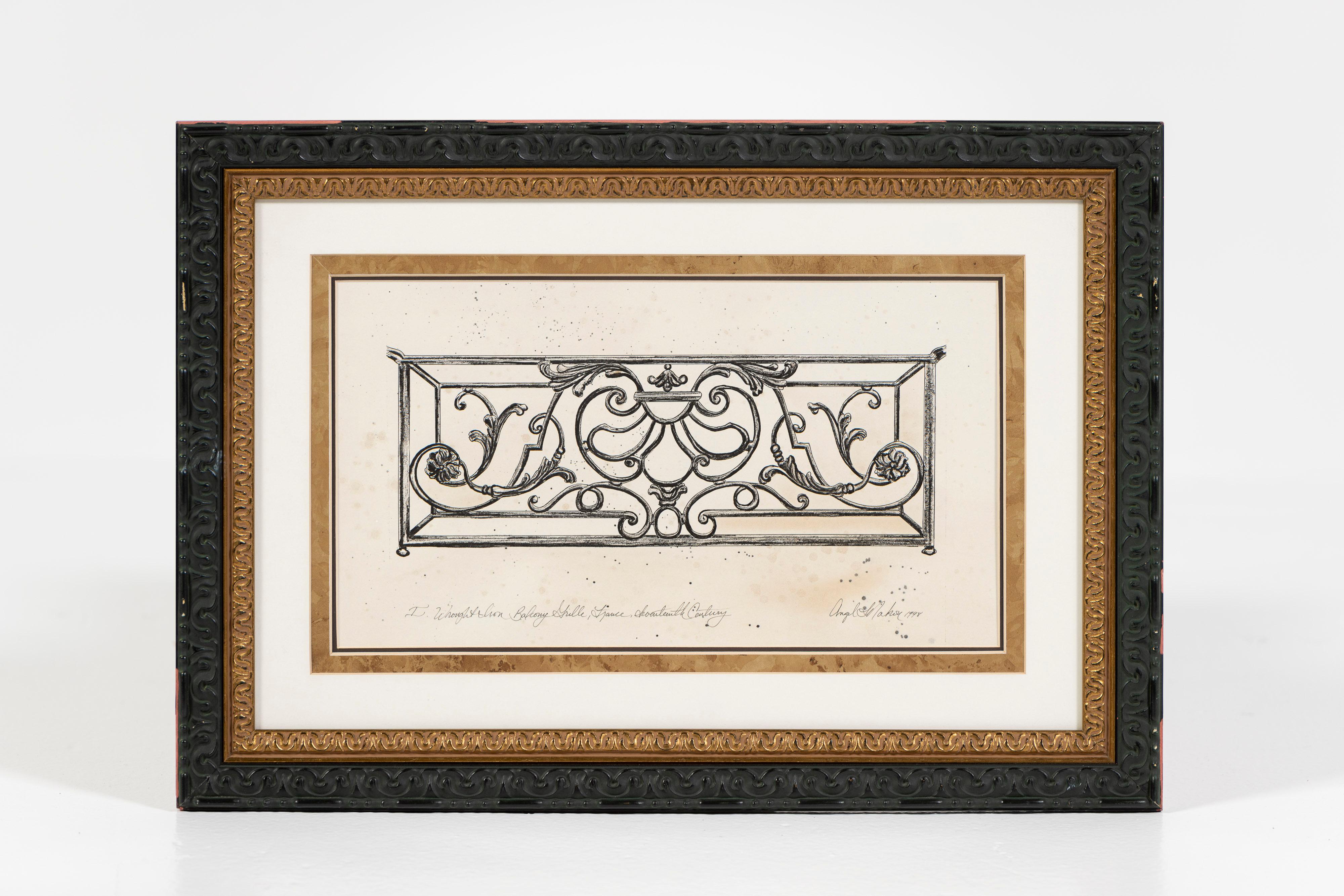 Three Drawings of Antique French Balconies, Framed, Angel L Nahon France, 1998 For Sale 1