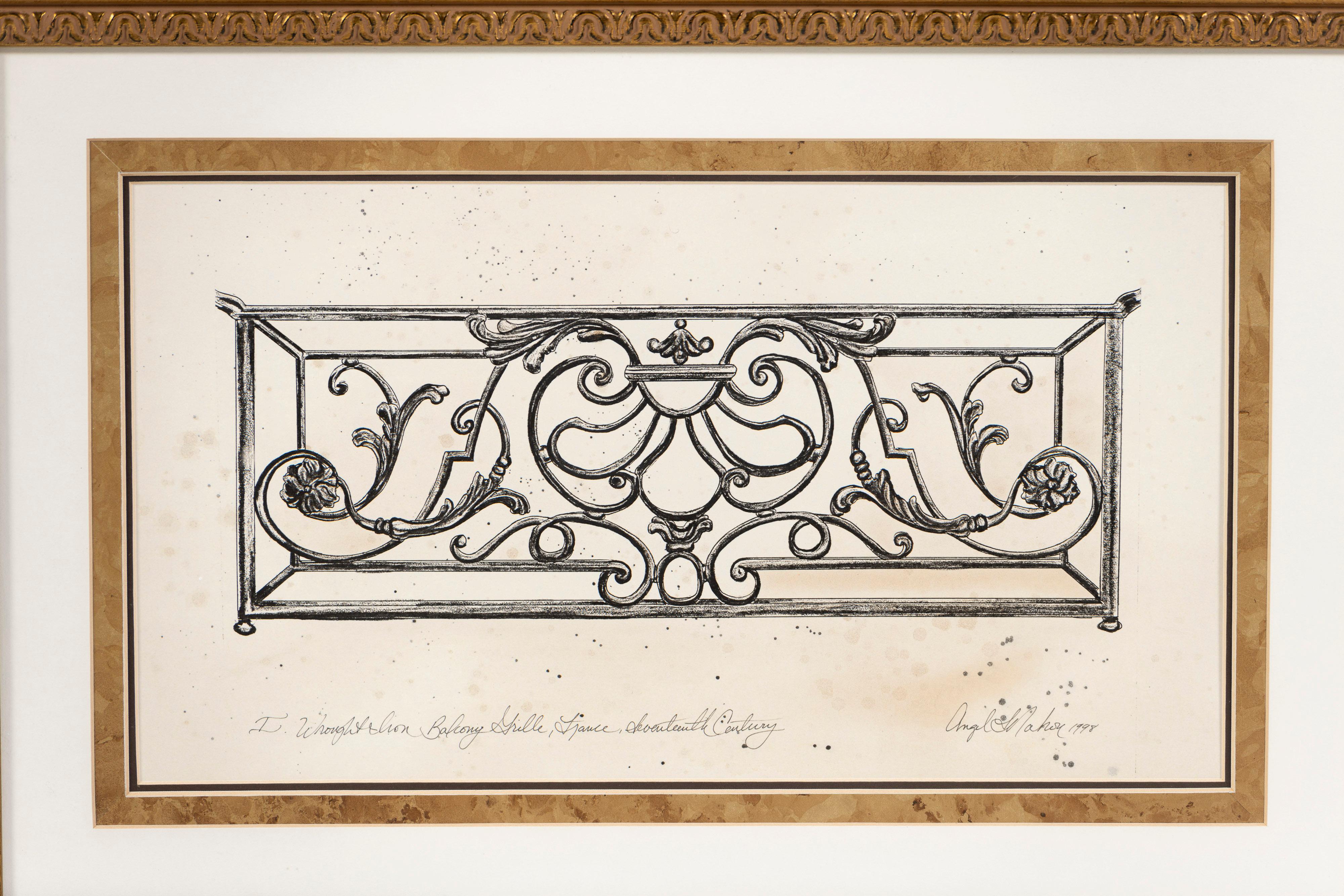 Three Drawings of Antique French Balconies, Framed, Angel L Nahon France, 1998 For Sale 2