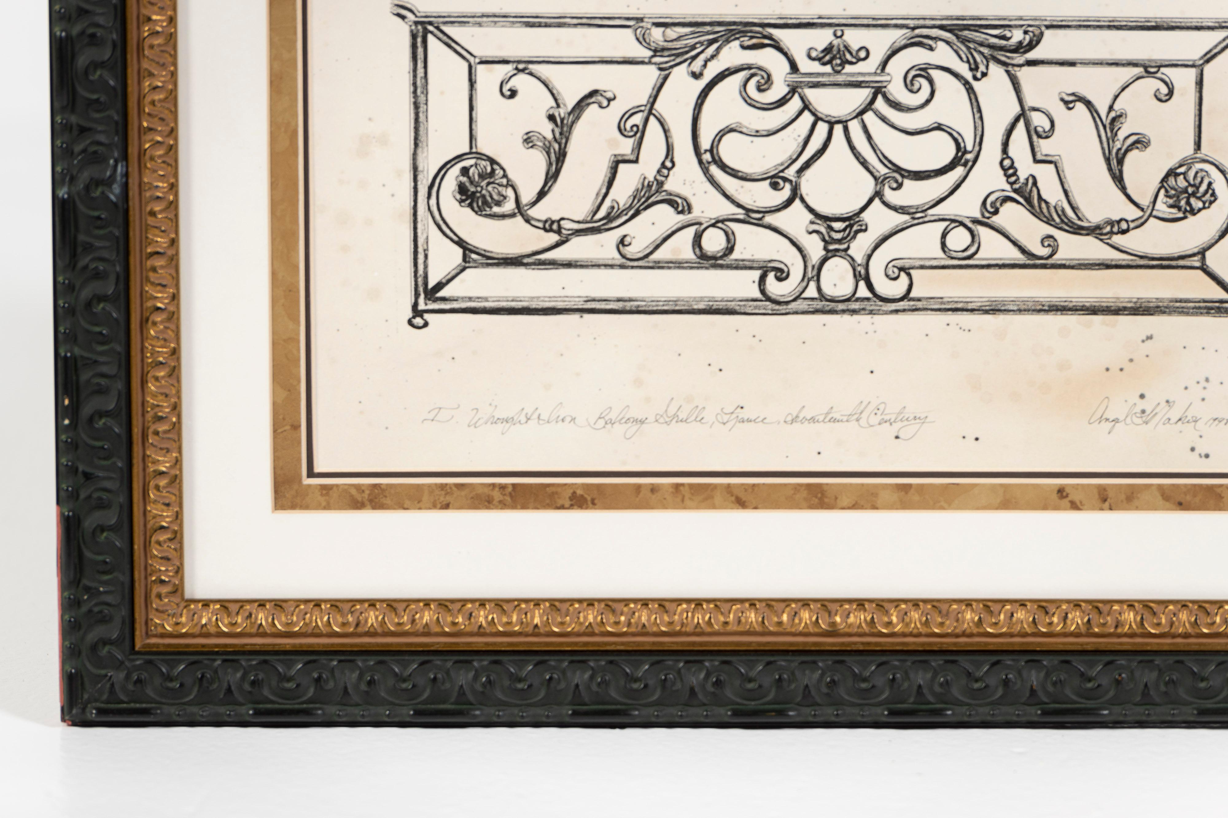 Three Drawings of Antique French Balconies, Framed, Angel L Nahon France, 1998 For Sale 3