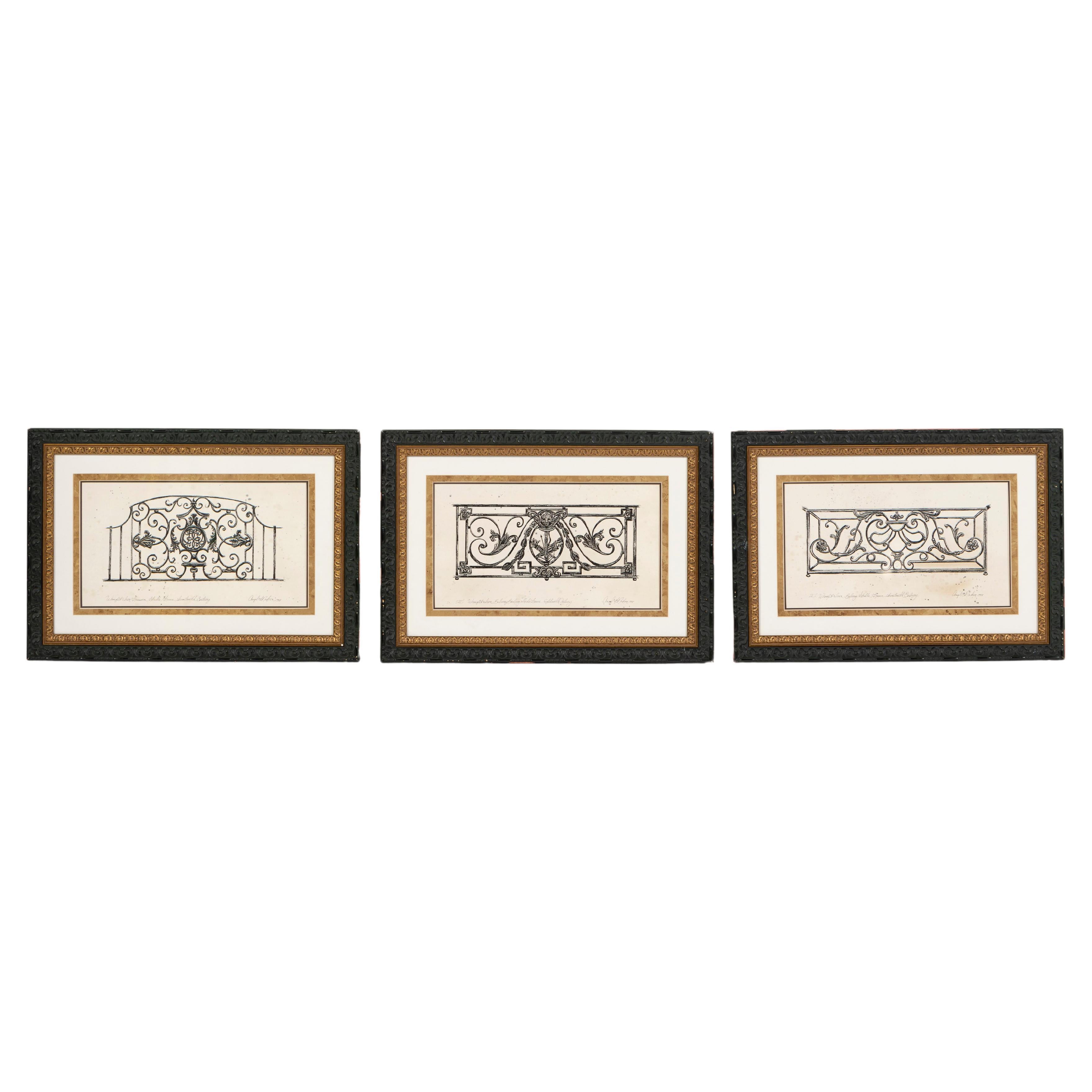Three Drawings of Antique French Balconies, Framed, Angel L Nahon France, 1998 For Sale