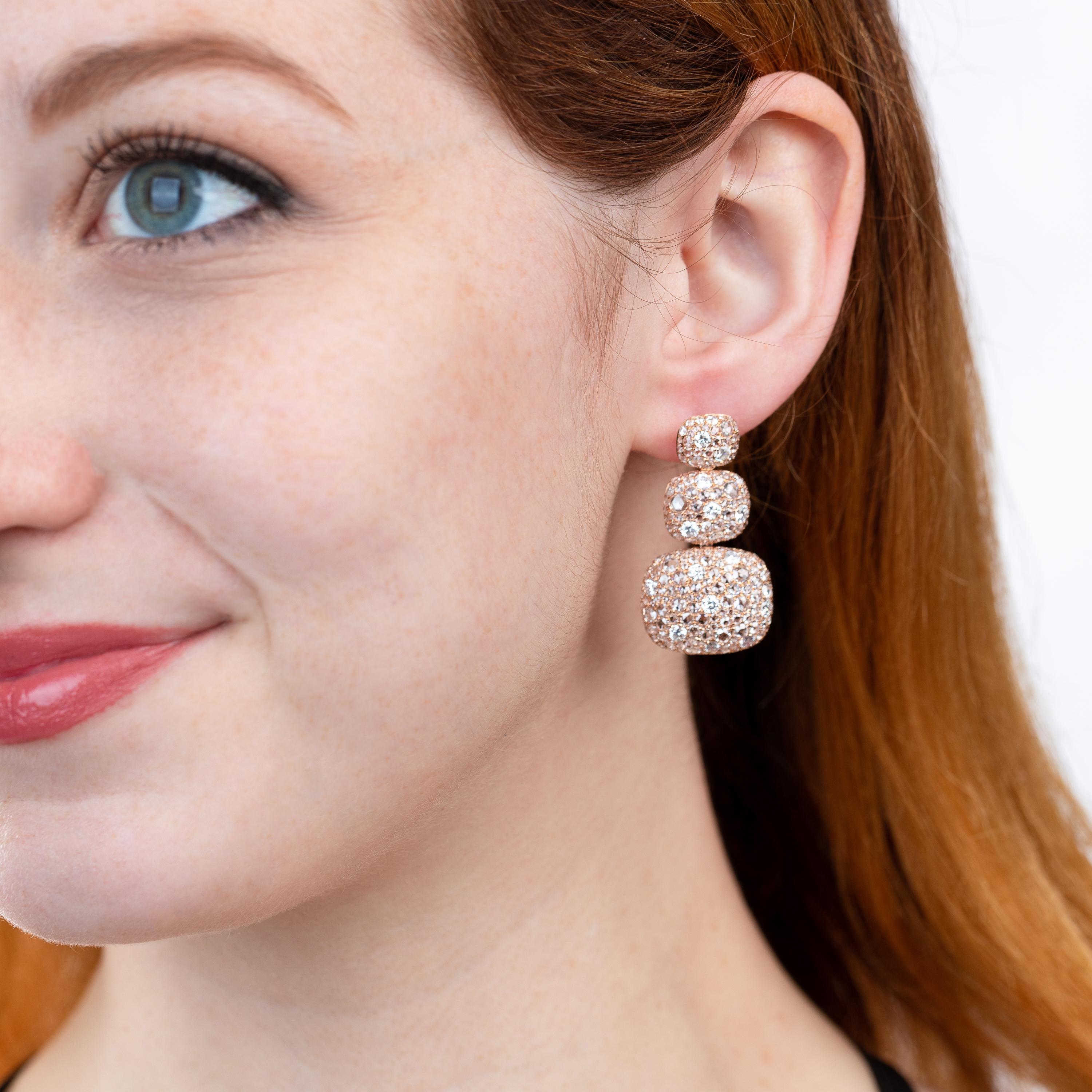 Contemporary Nigaam Three Drops 7.65 Cts. Rose Cut Diamonds Dangle Earrings in 18K Rose Gold