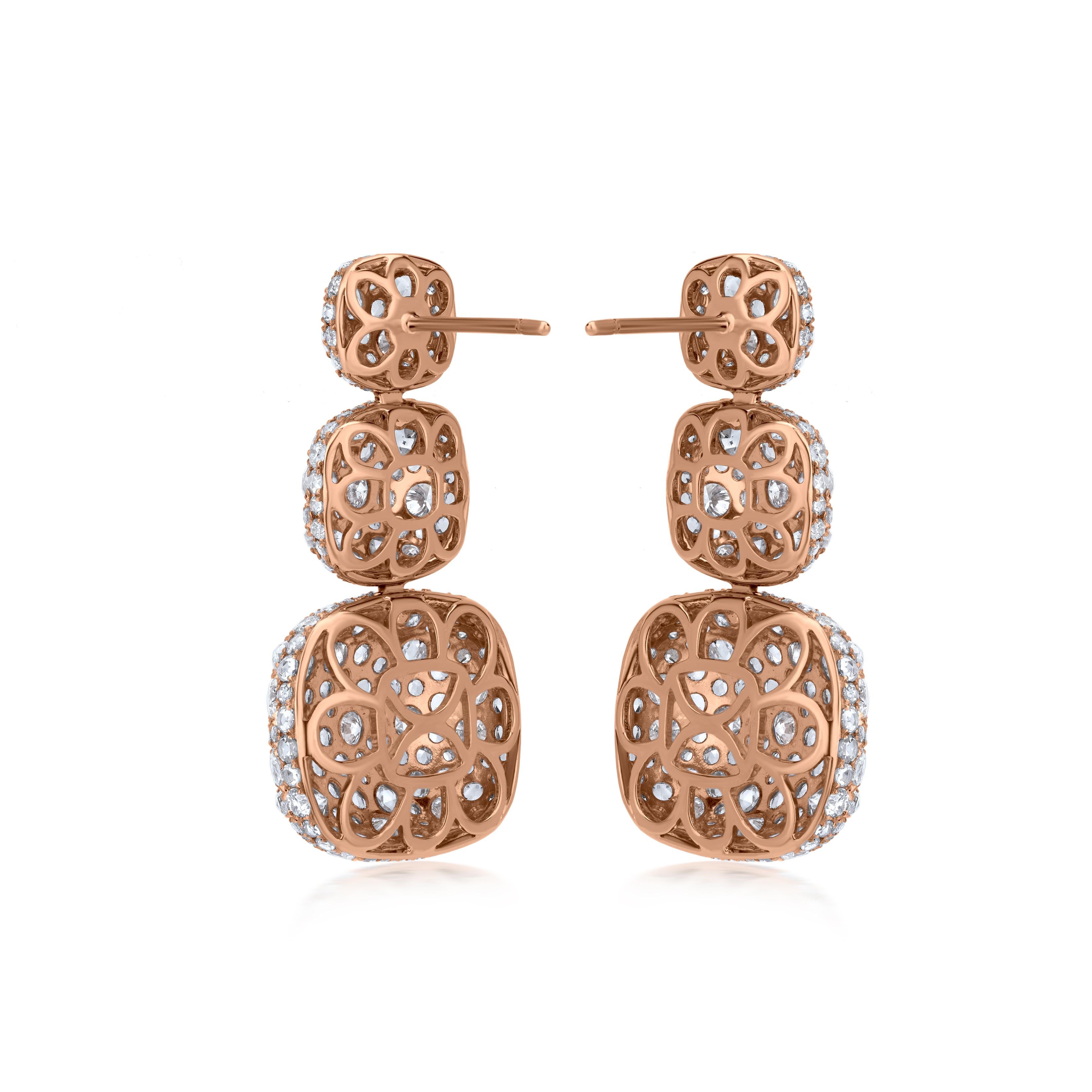 Nigaam Three Drops 7.65 Cts. Rose Cut Diamonds Dangle Earrings in 18K Rose Gold In New Condition In New York, NY