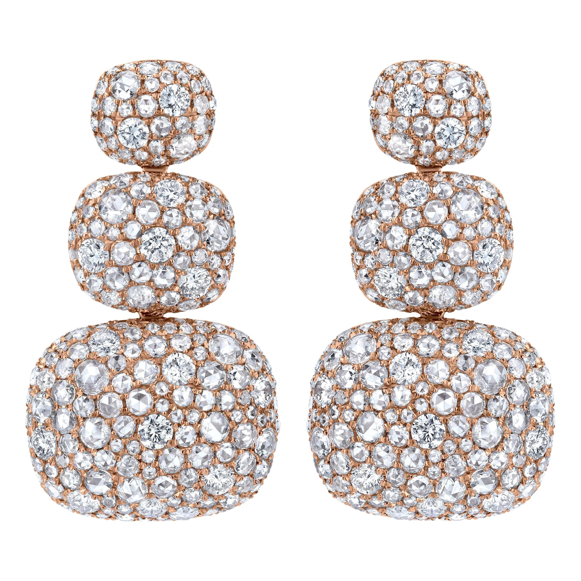 Nigaam Three Drops 7.65 Cts. Rose Cut Diamonds Dangle Earrings in 18K Rose Gold
