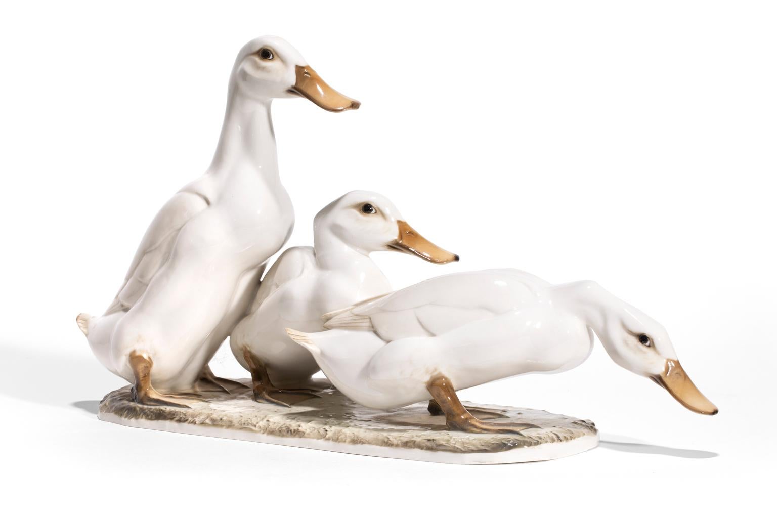 Three Ducks is a particular charming moment in time captured by the artist of this sculpture. Three ducks beautifully rendered, somewhat plump, and out for a walk perhaps at the edge of a pond and ready to jump in. It is a delicately handpainted