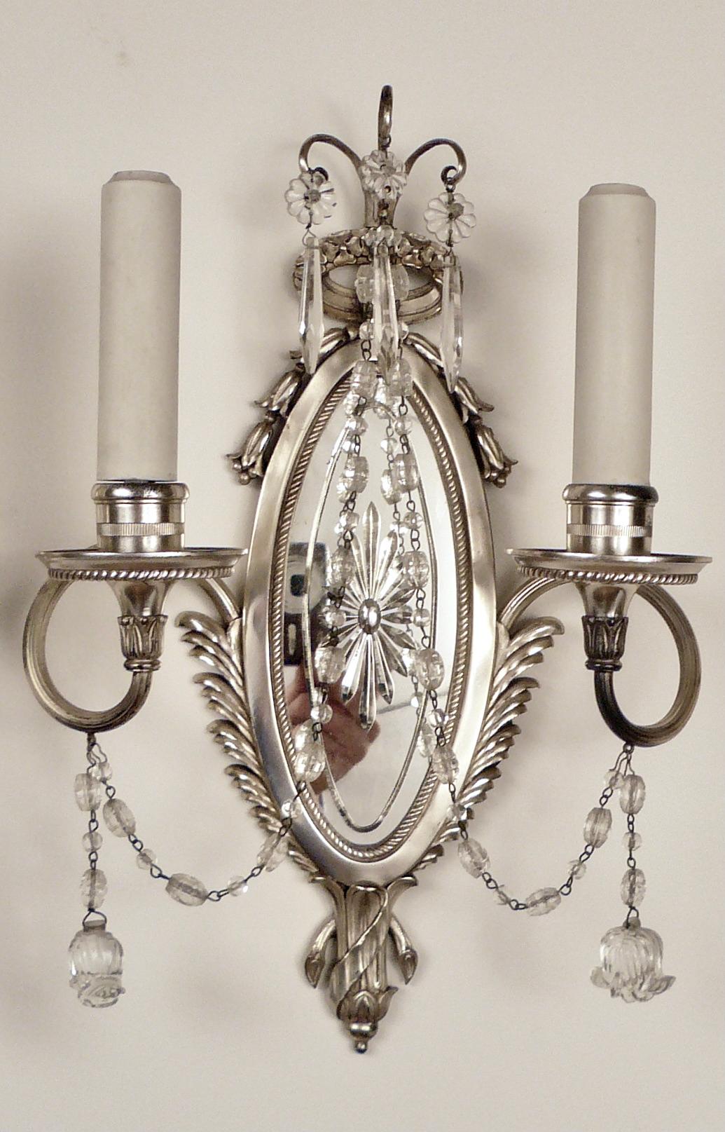Adam Style Three E. F. Caldwell Mirror Back  Neo-Classical Style Silvered Bronze Sconces