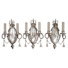 Three E. F. Caldwell Mirror Back  Neo-Classical Style Silvered Bronze Sconces