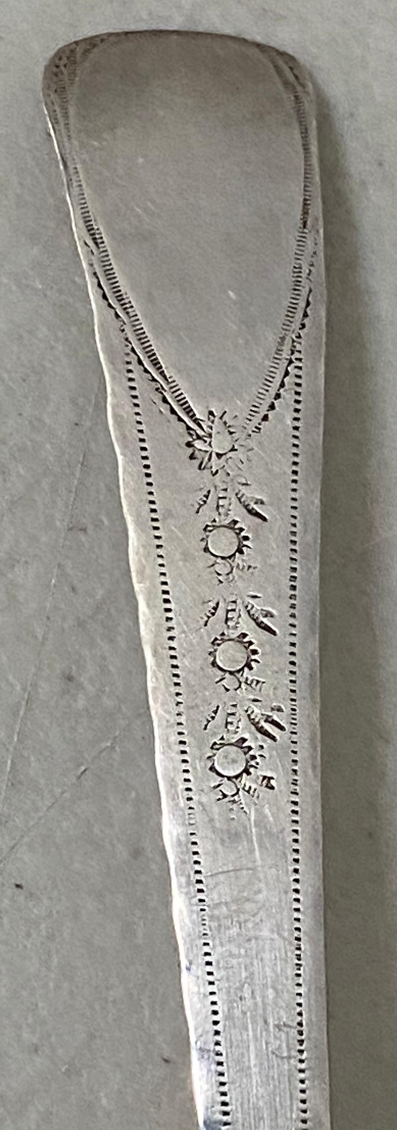 American Colonial Three Early American Mid-18th Century Etched Sterling Spoons, circa 1752 For Sale