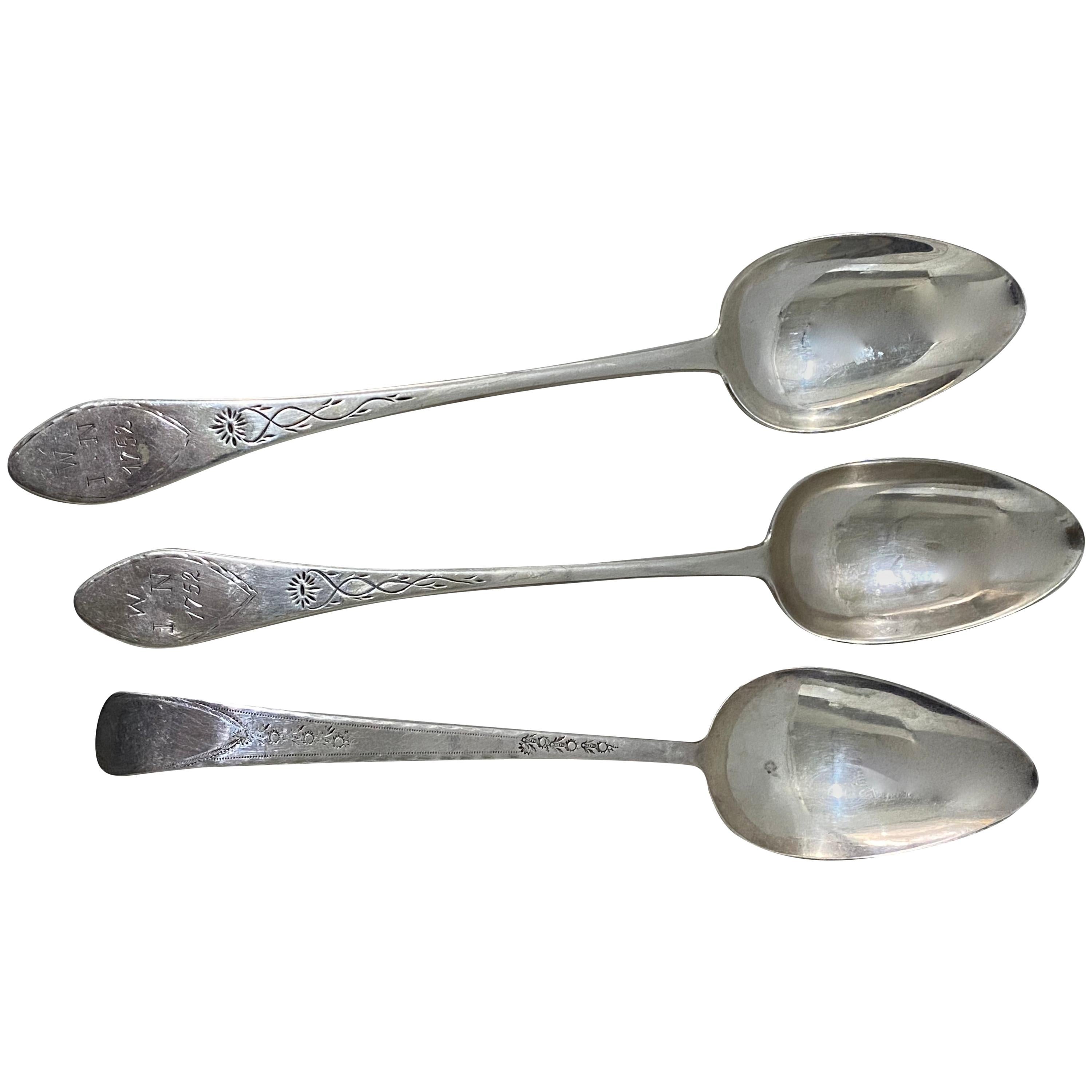 Three Early American Mid-18th Century Etched Sterling Spoons, circa 1752 For Sale