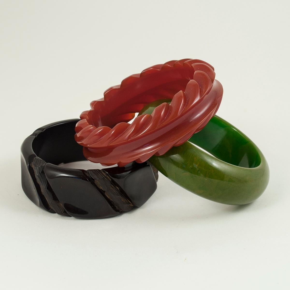 Art Deco Three Early to Mid-20th Century Bakelite Cuff Bracelets For Sale