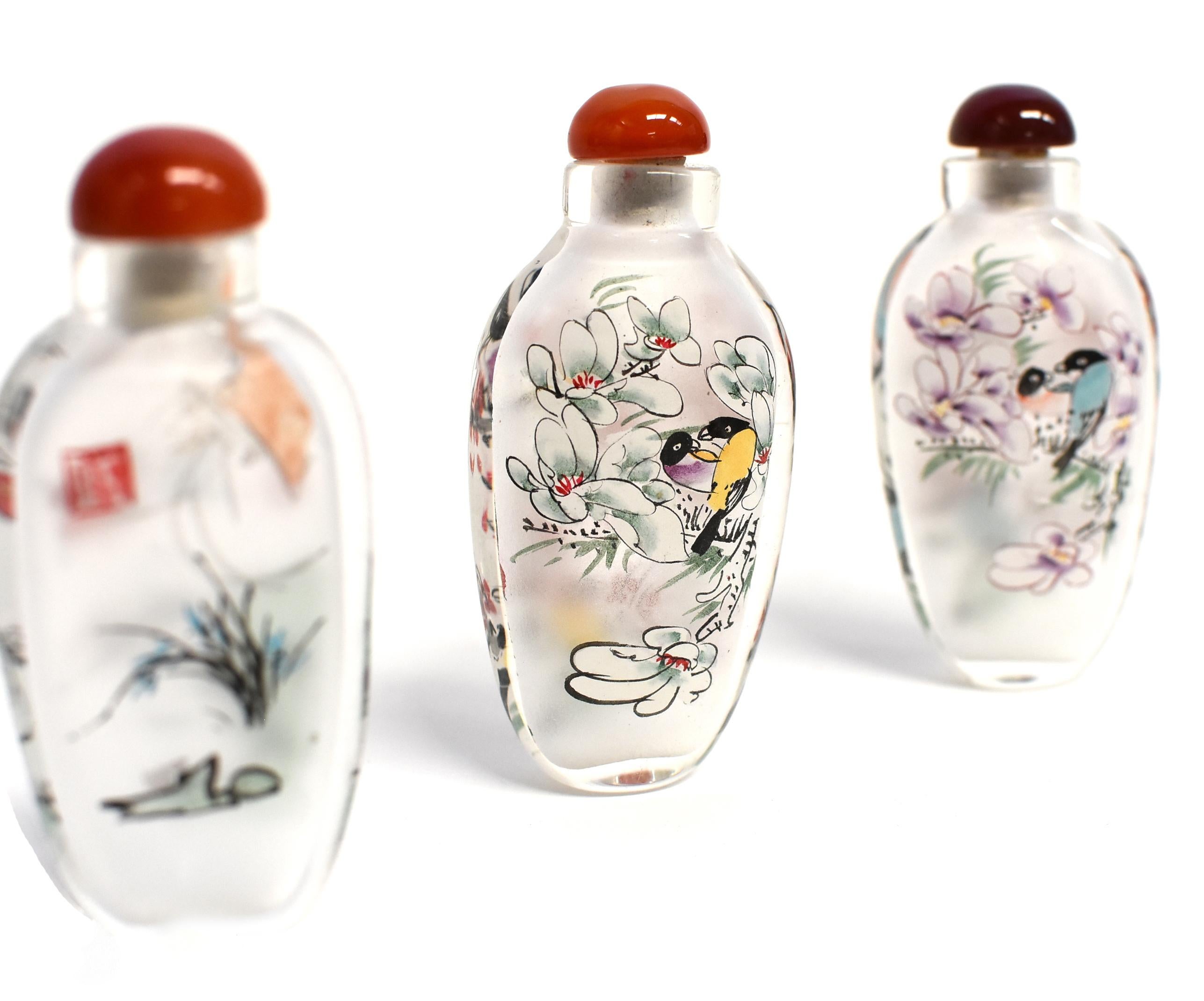Three Églomisé Reverse Painted Snuff Bottles with Magnolia and Orchid For Sale 3