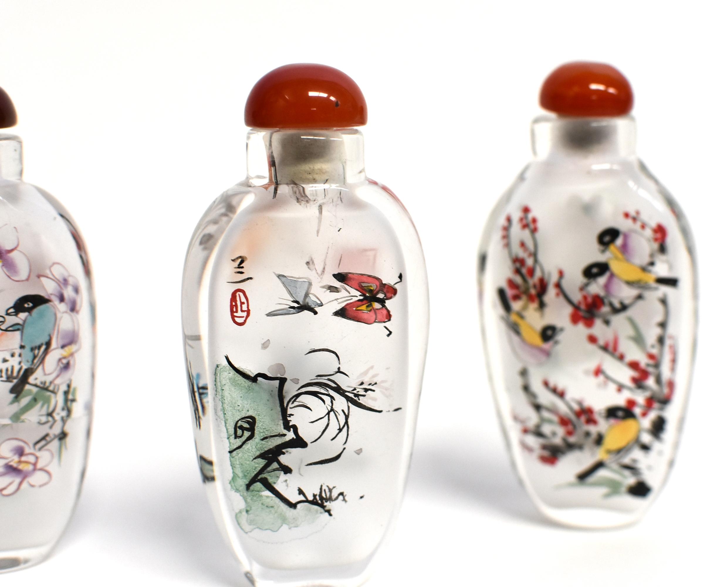 Three Églomisé Reverse Painted Snuff Bottles with Magnolia and Orchid For Sale 5