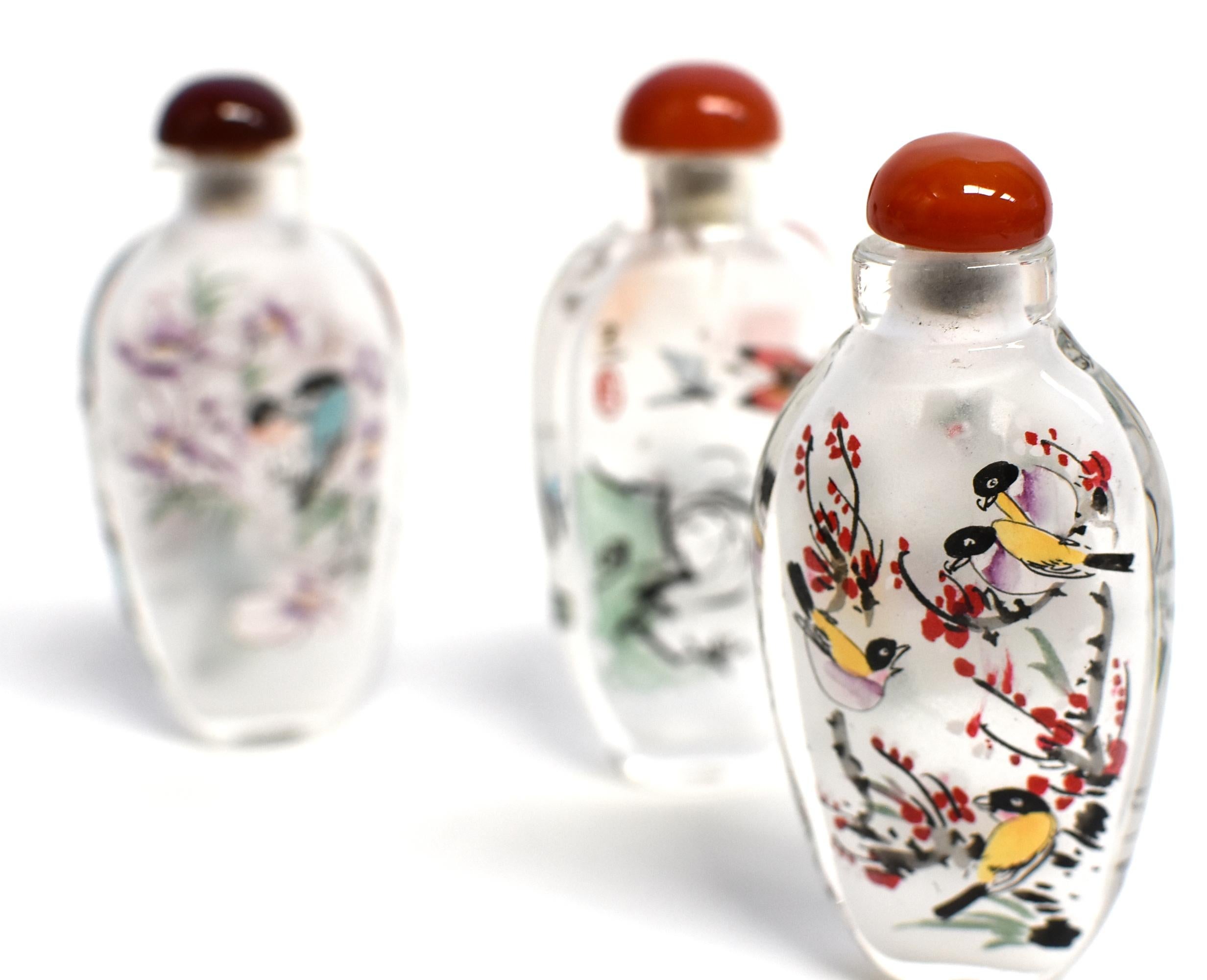 Three Églomisé Reverse Painted Snuff Bottles with Magnolia and Orchid For Sale 6