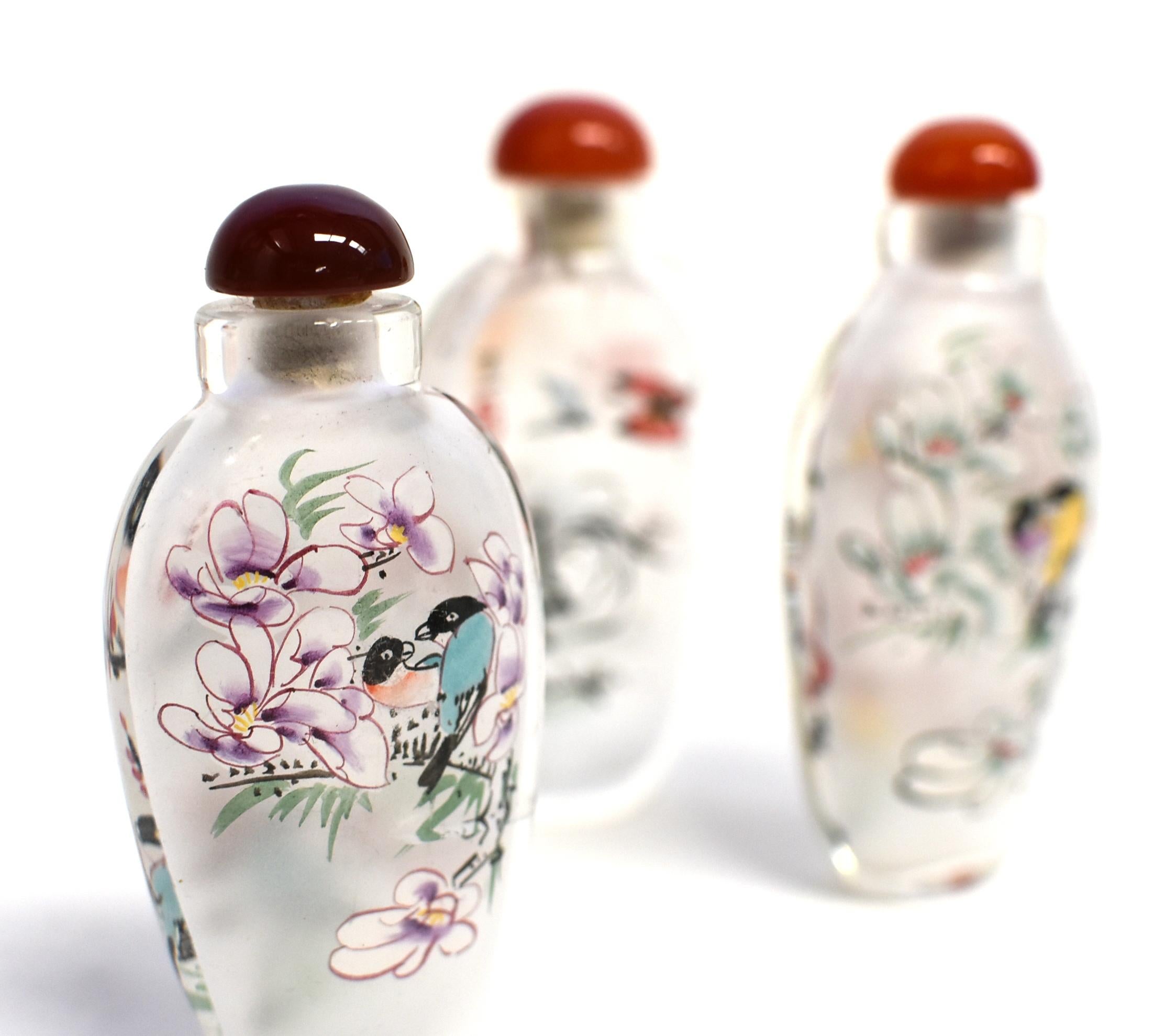 Three Églomisé Reverse Painted Snuff Bottles with Magnolia and Orchid For Sale 7