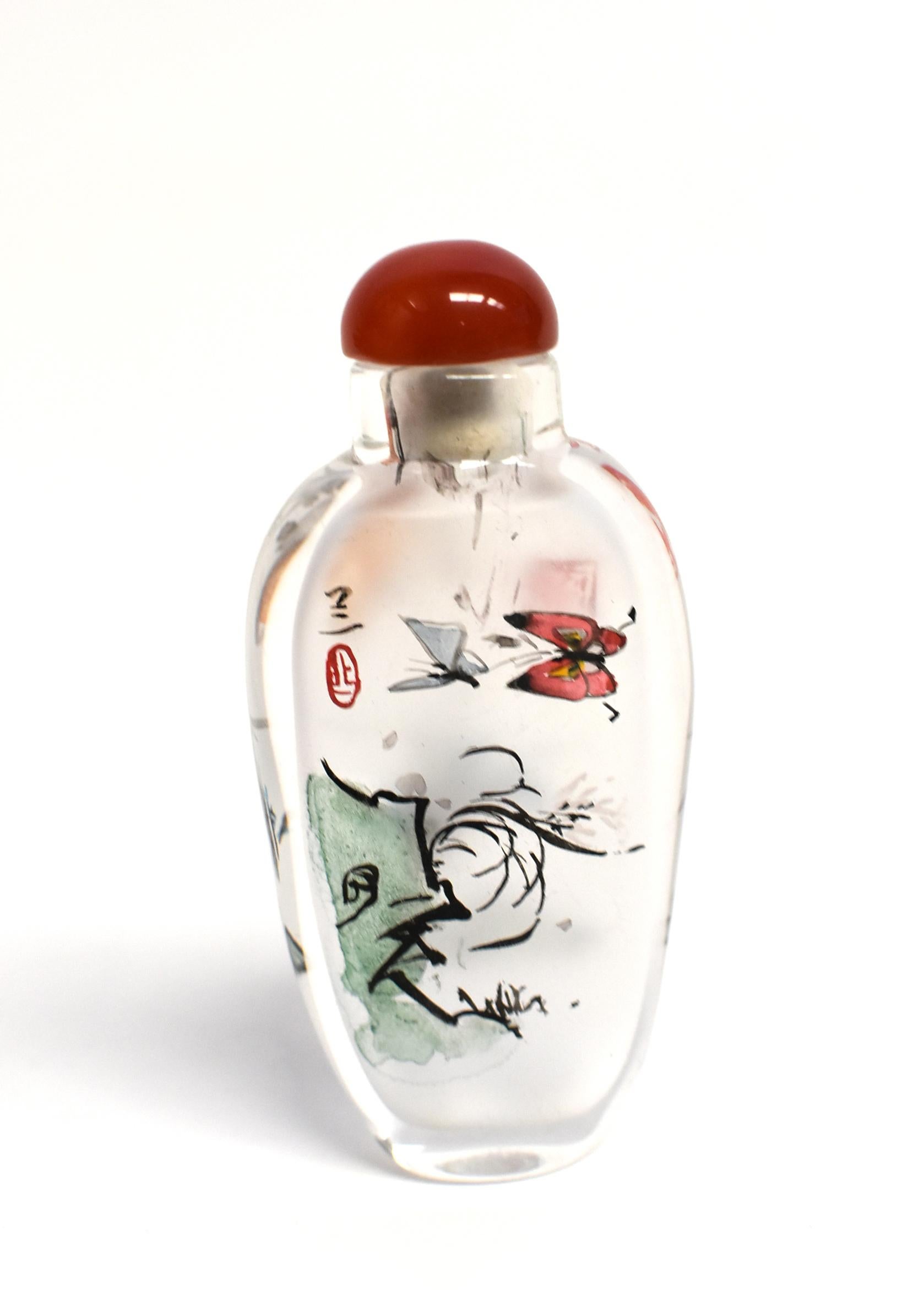 Agate Three Églomisé Reverse Painted Snuff Bottles with Magnolia and Orchid For Sale
