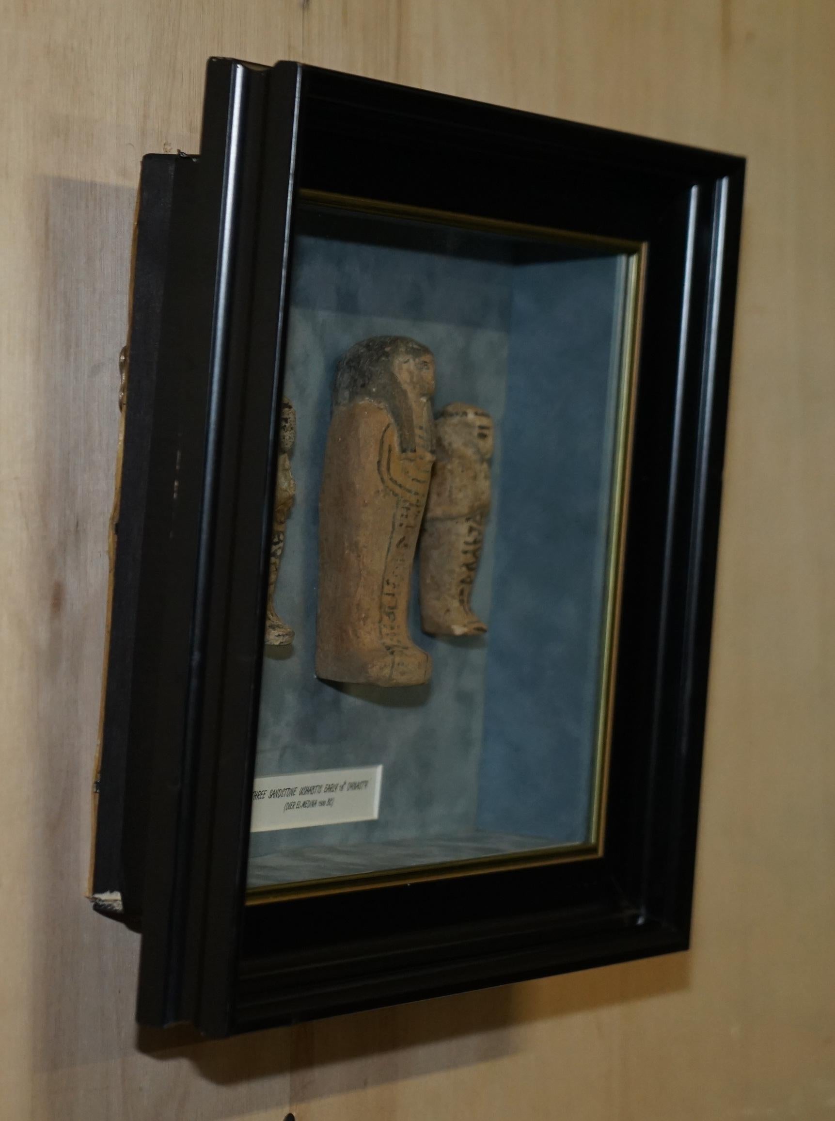 THREE EGYPTiAN FRAMED 1500 BC 18TH DYNASTY DIER EL MEDINA SANDSTONE USHABTIS For Sale 4