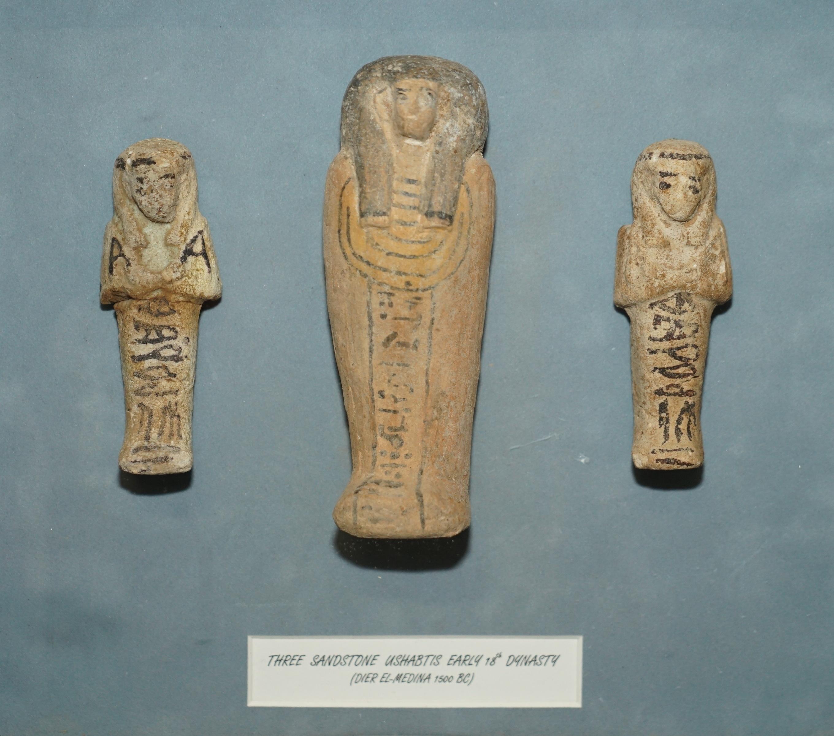18th Century and Earlier THREE EGYPTiAN FRAMED 1500 BC 18TH DYNASTY DIER EL MEDINA SANDSTONE USHABTIS For Sale