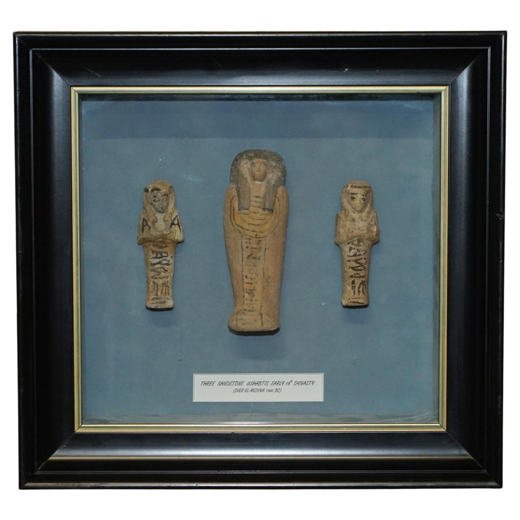 THREE EGYPTiAN FRAMED 1500 BC 18TH DYNASTY DIER EL MEDINA SANDSTONE USHABTIS For Sale